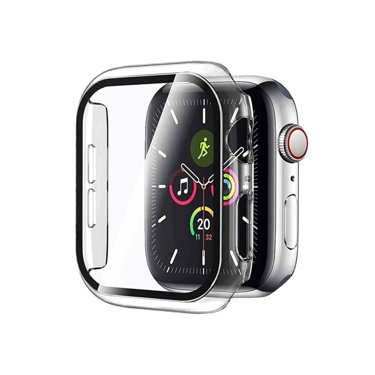 Şeffaf koruyucu kılıf içinde Apple Watch. Ekran saat ve uygulama simgelerini gösterir.