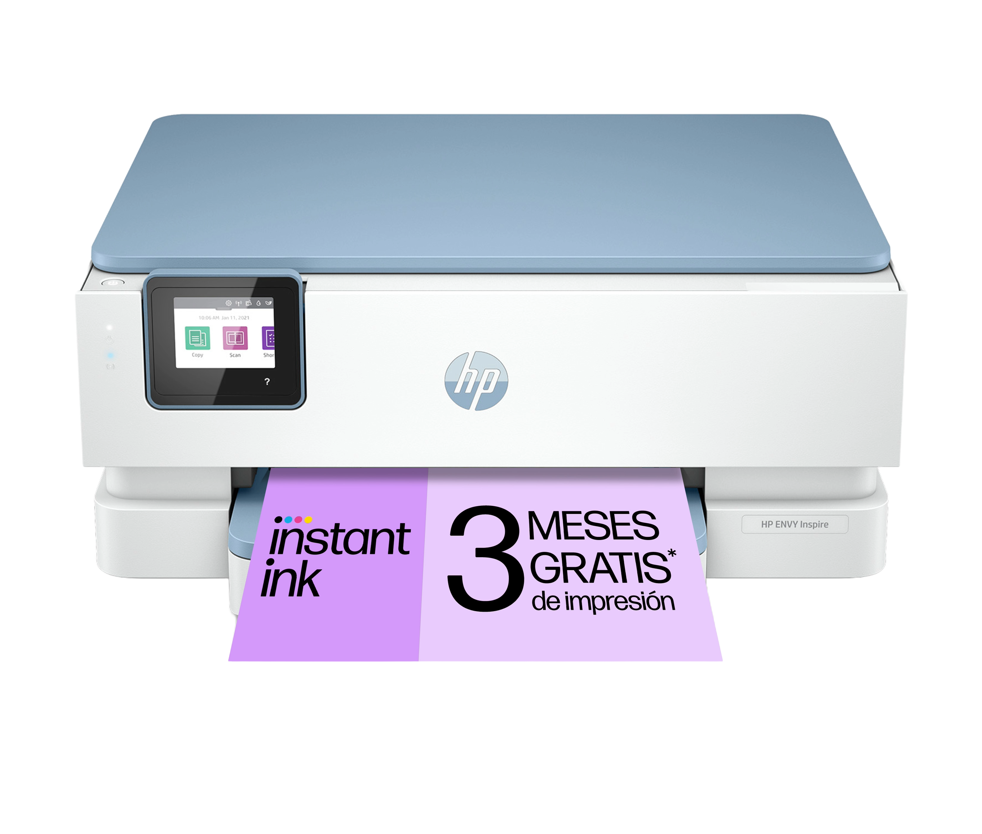 Impresora blanca con tapa azul y papel morado con texto.