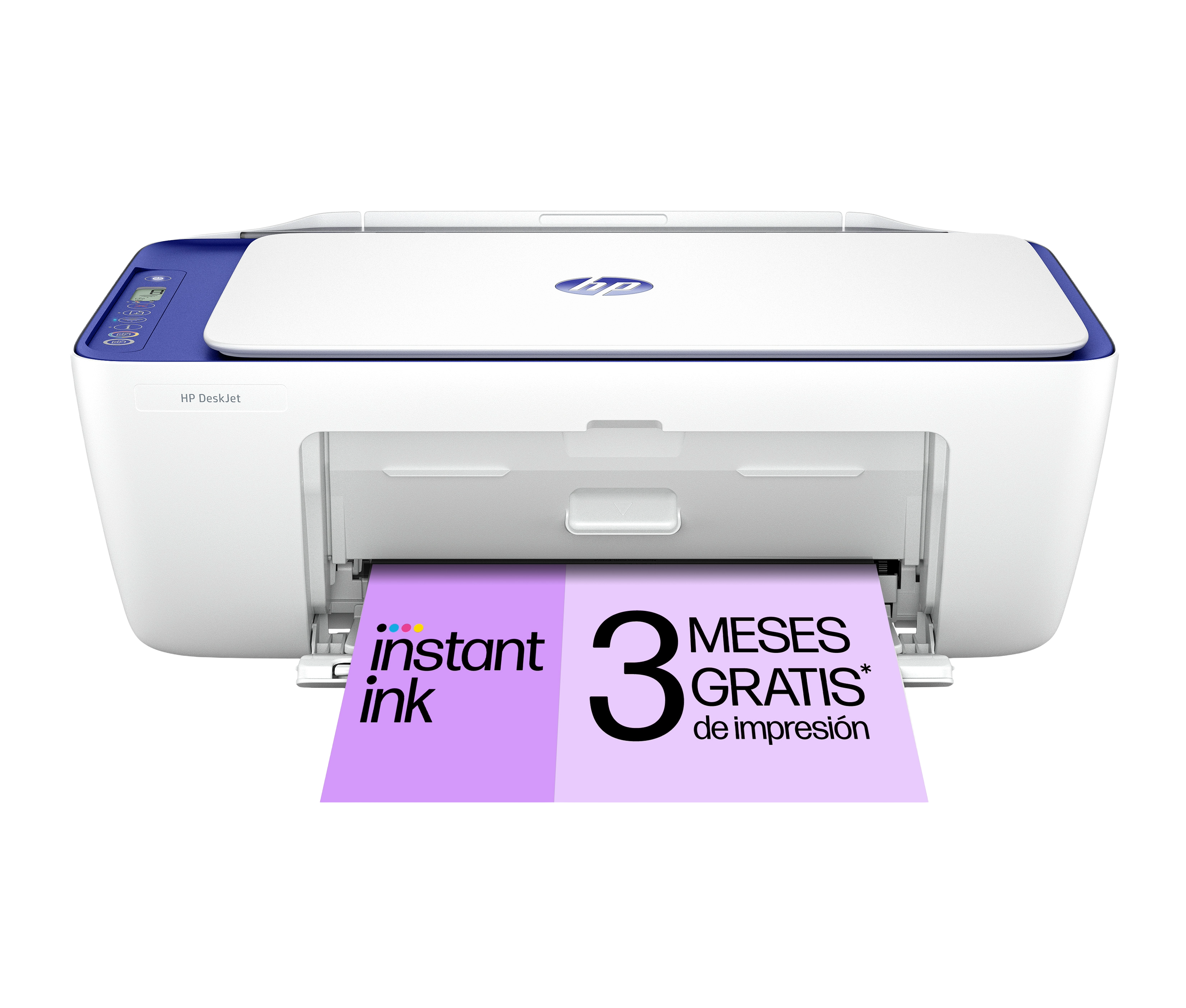 Impresora HP blanca y azul con anuncio de 'tinta instantánea' y promoción de impresión.