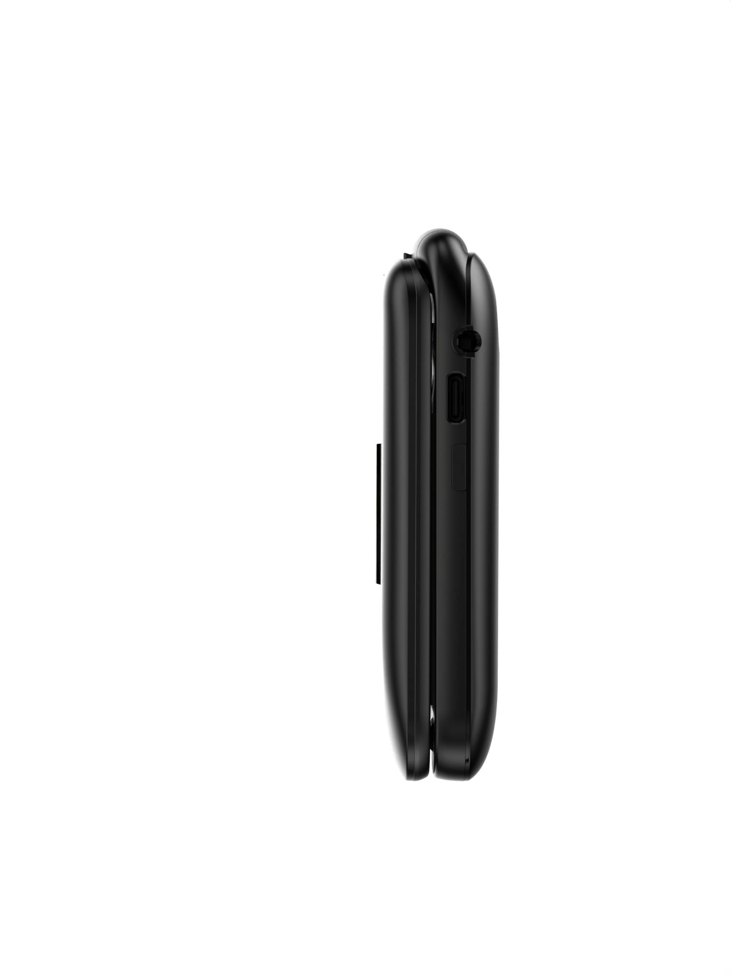 Ein schwarzes, zusammengeklapptes Telefon. Der Bildschirm zeigt die Seite des Telefons.