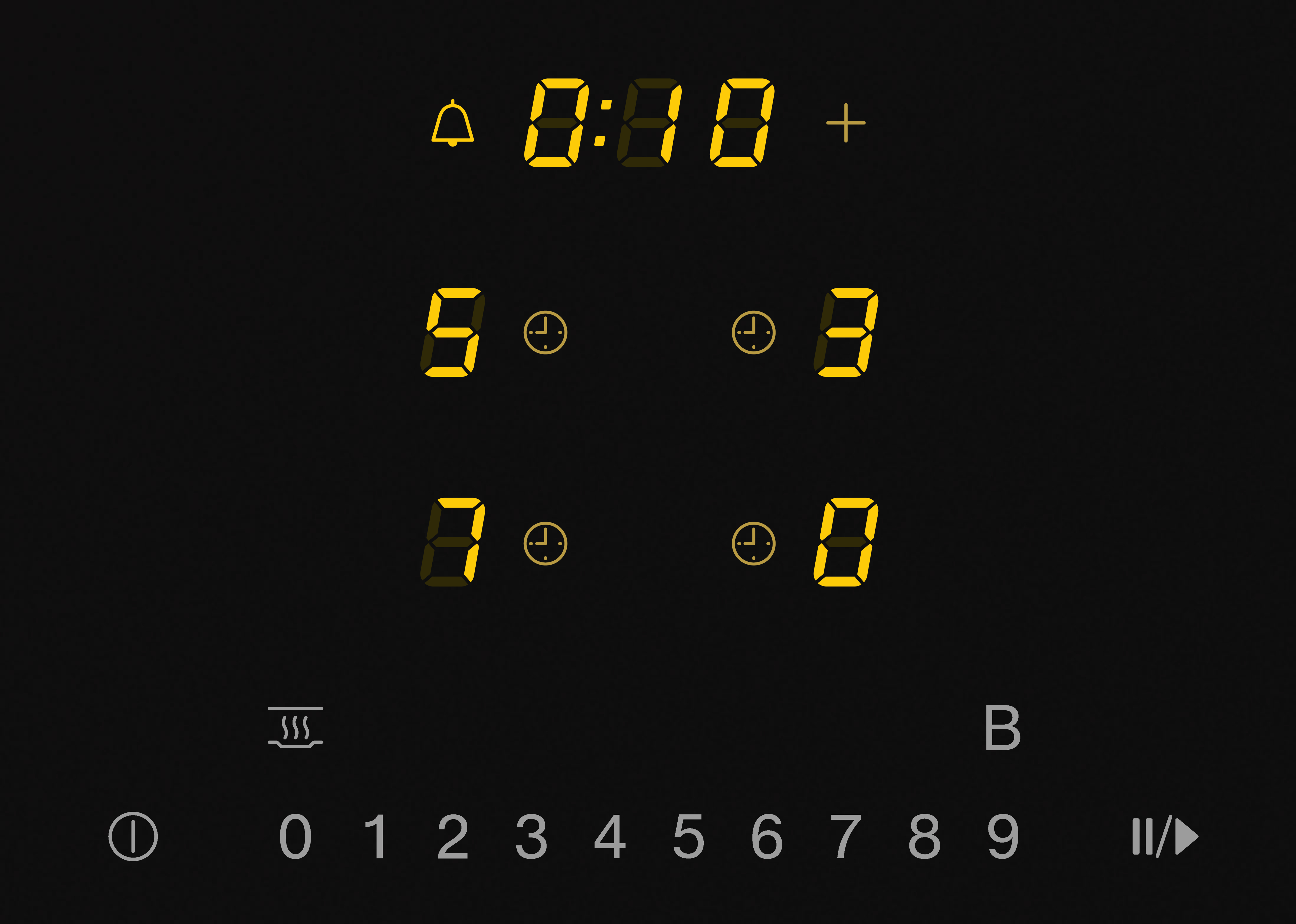 Eine schwarze Digitaluhr mit gelben Ziffern, die die Zeit 0:10 anzeigt.