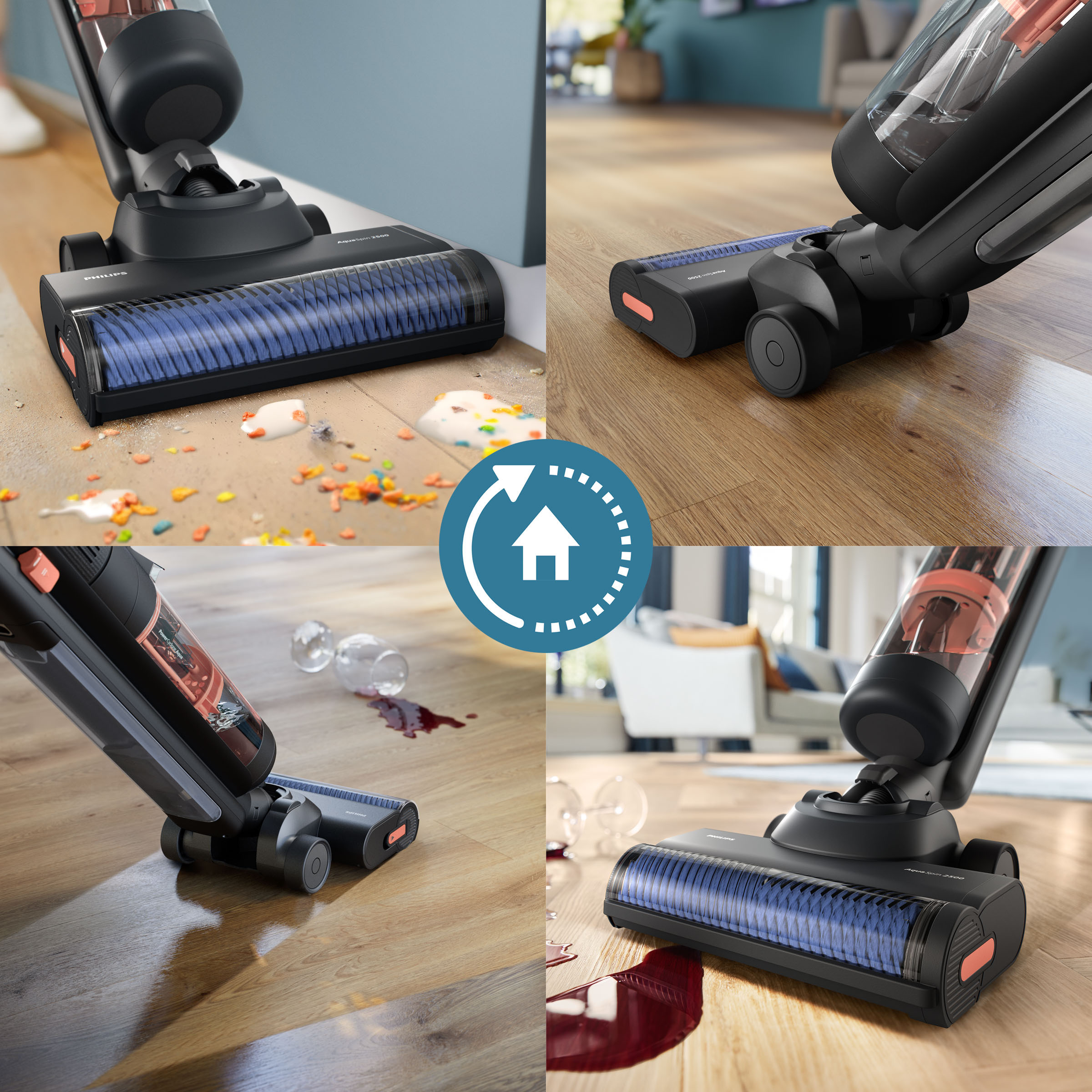 Czarno-niebieski środek do czyszczenia podłóg czyszczący podłogę rozlanymi płynami i ciałami stałymi. Zawiera ikonę domu.