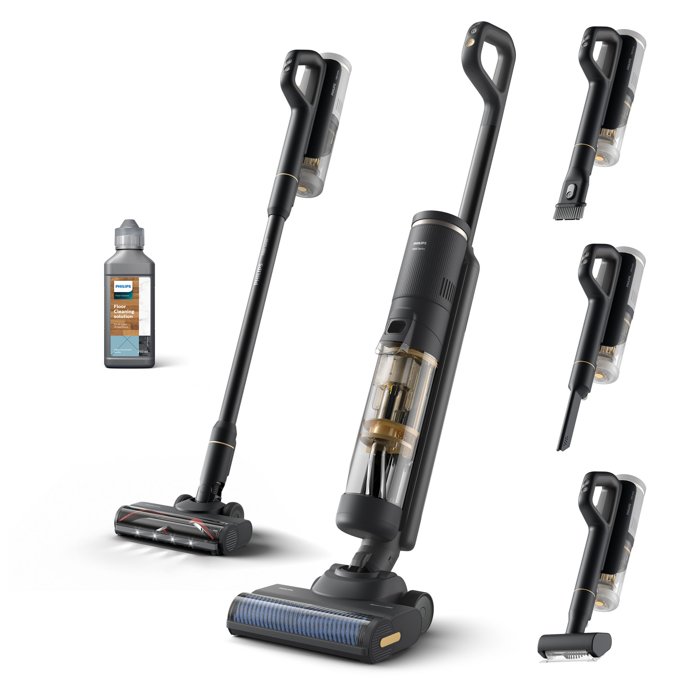 Wiele bezprzewodowych odkurzaczy i butelka z roztworem czyszczącym. Czarno-srebrna kolorystyka.