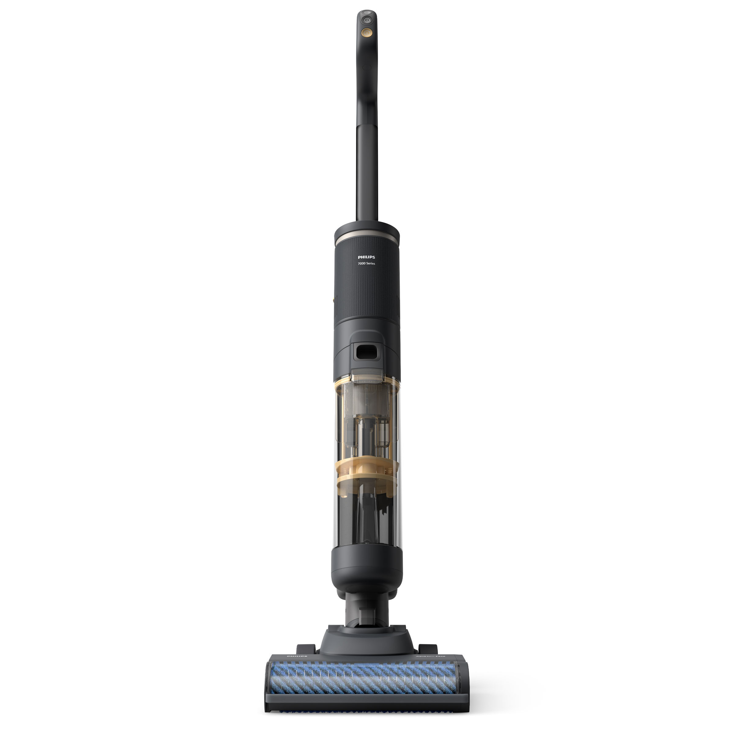 Ciemnoszary, pionowy odkurzacz z przezroczystą częścią środkową.