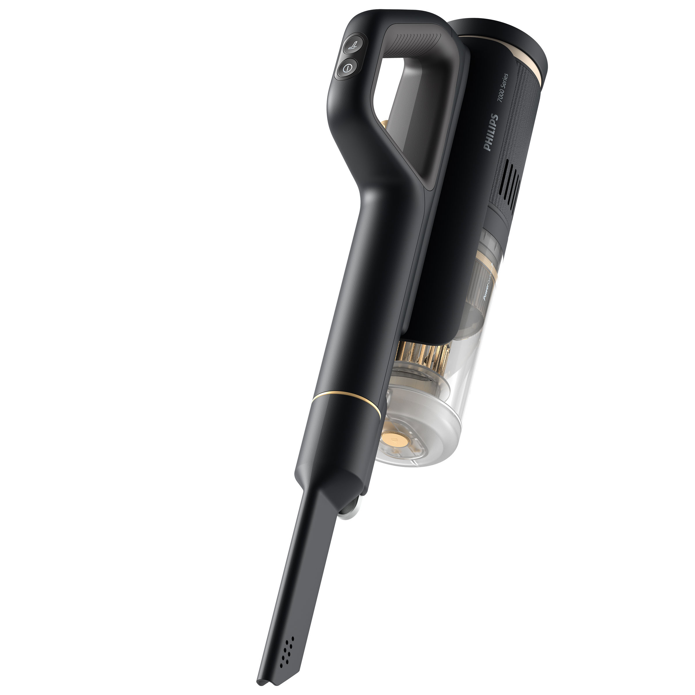 Czarno-złoty odkurzacz ręczny, widok z kąta, na białym tle. Widoczne logo Philips.