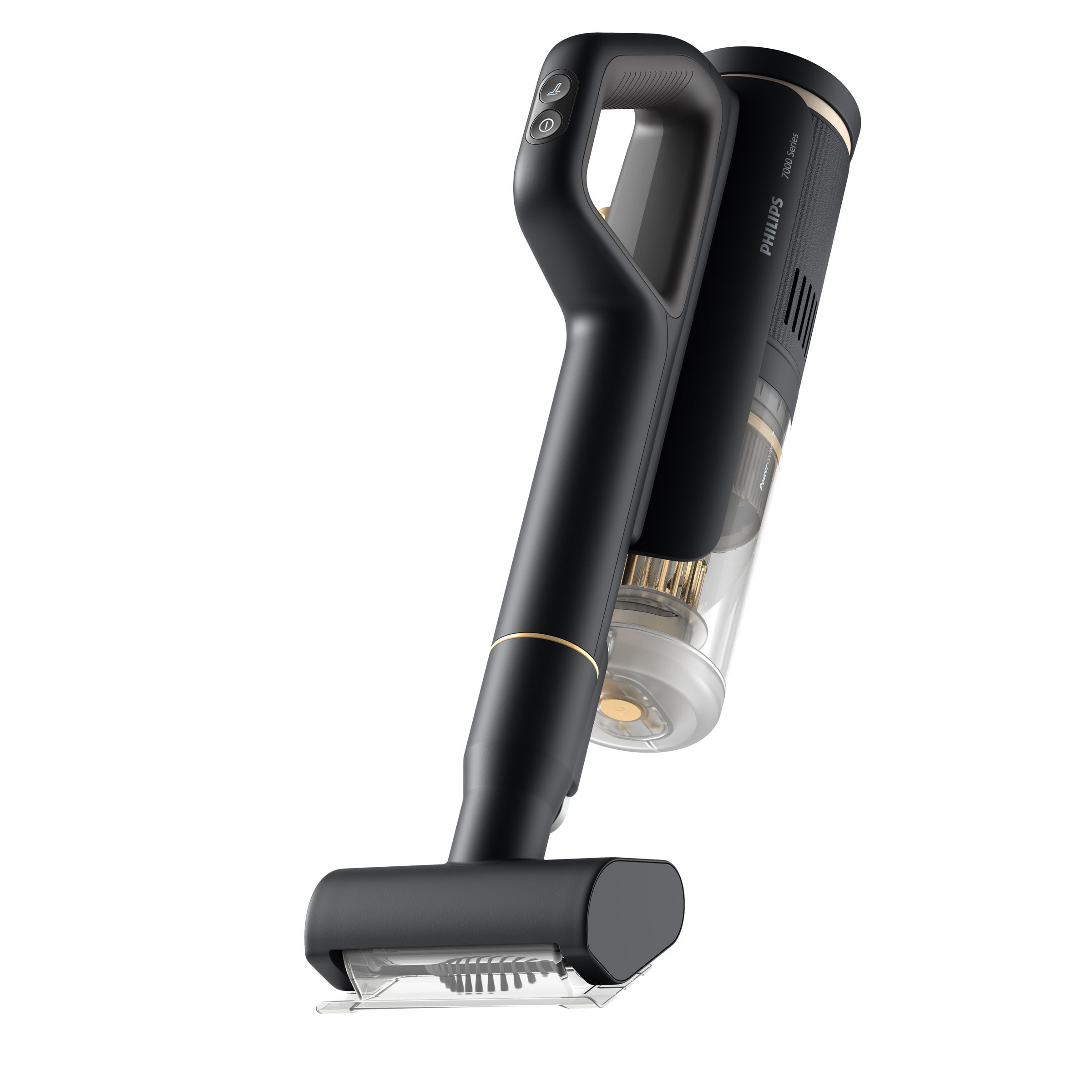 Czarny odkurzacz z uchwytem i nakładką szczotkową, ujęcie z boku.