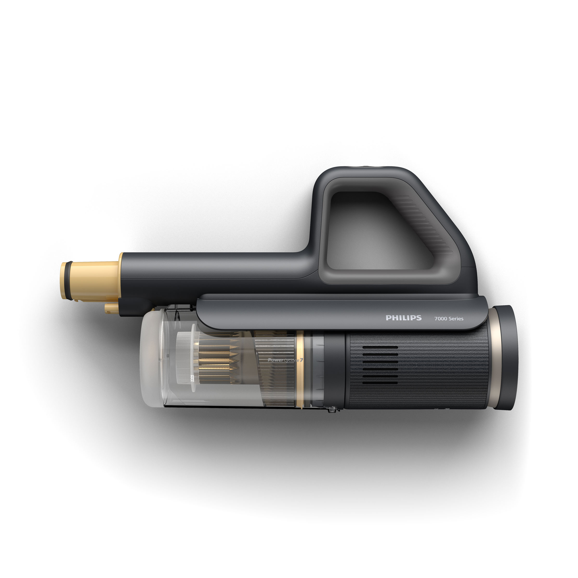 Widok z góry na szaro-czarny odkurzacz ręczny.