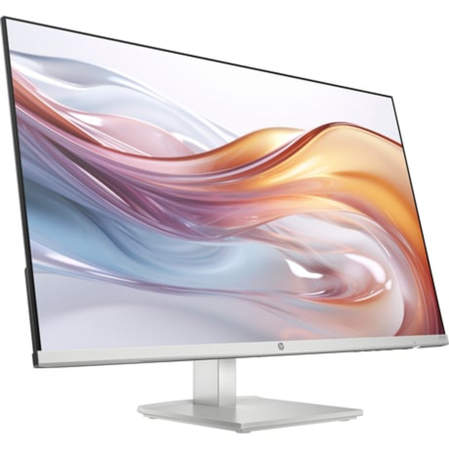 HP-monitor met een zilveren voet en frame, met een kleurrijke abstracte afbeelding.