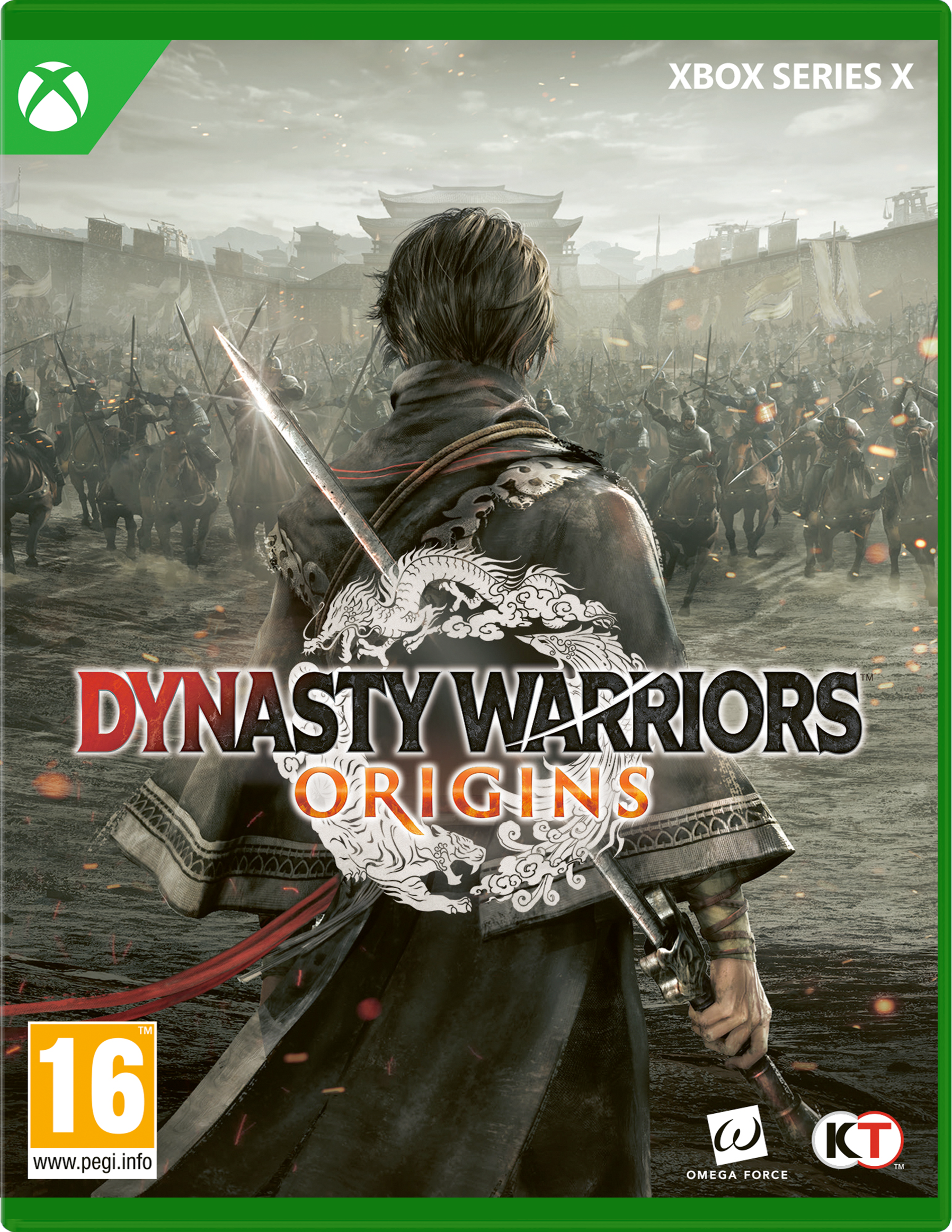 Okładka gry: Wojownik przed polem bitwy. Tekst: Dynasty Warriors Origins. Xbox Series X.