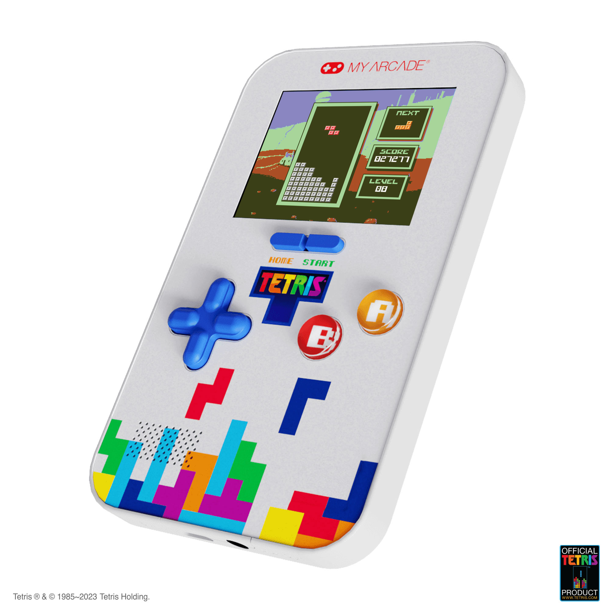 Renkli bir tasarıma ve oyun ekranına sahip beyaz bir el tipi Tetris oyun konsolu.
