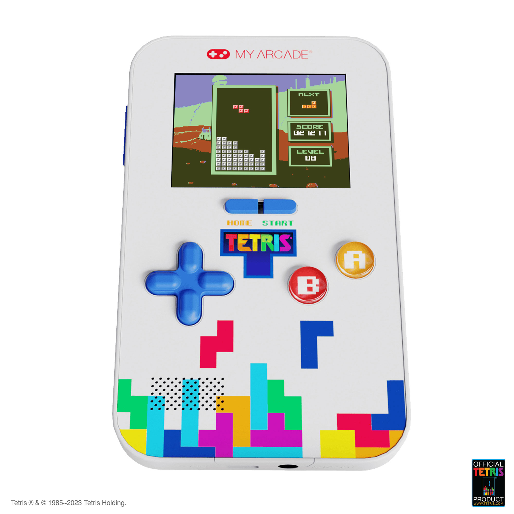 Tetris gösteren bir ekranı ve renkli düğmeleri olan beyaz el tipi konsol.