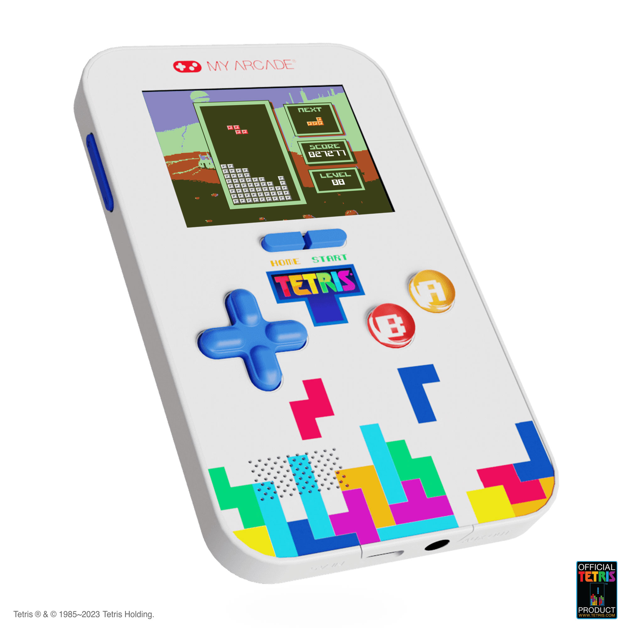 Ekranında Tetris oyunu ve renkli düğmeleri olan beyaz bir el tipi oyun konsolu.