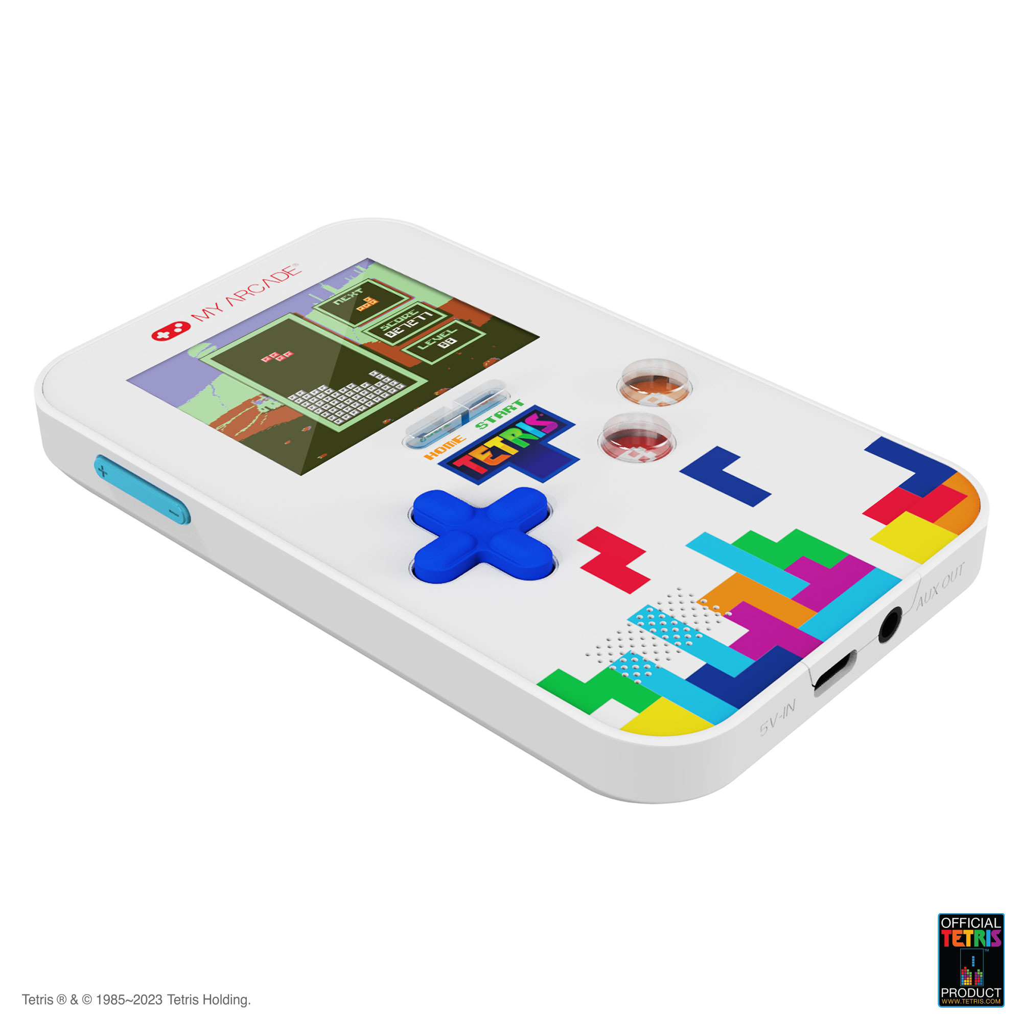 Ekranı ve renkli düğmeleri olan beyaz bir el tipi oyun cihazı. Tetris oyunu gösteriliyor.