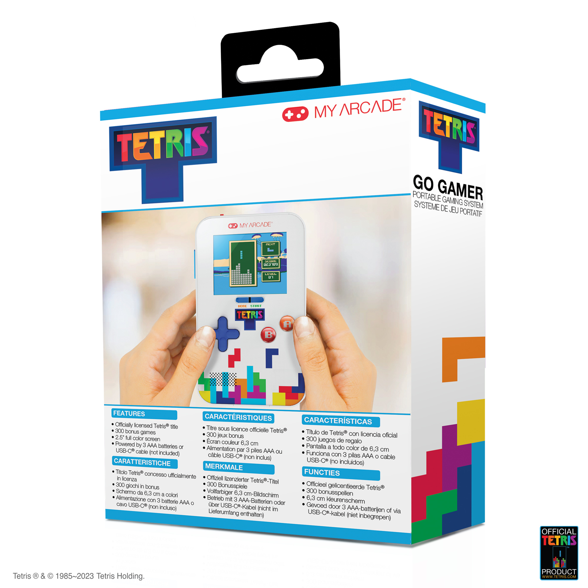 Tetris oyun konsolu kutuda, oynanışı ve özellikleri gösteriyor.