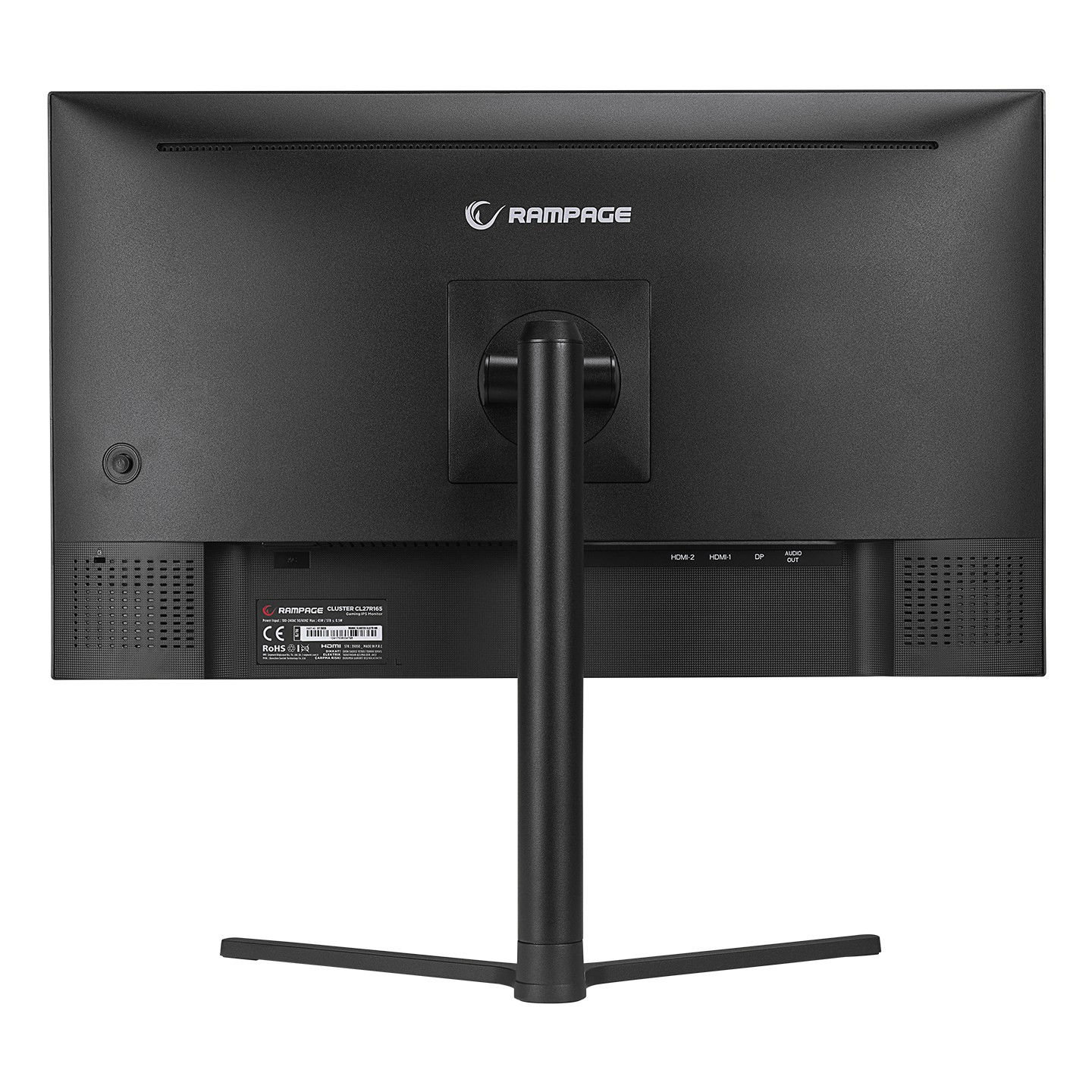 Siyah bir monitörün arkası, standı ile. HDMI, DP ve ses için bağlantı noktaları vardır, beyaz zemin üzerinde.