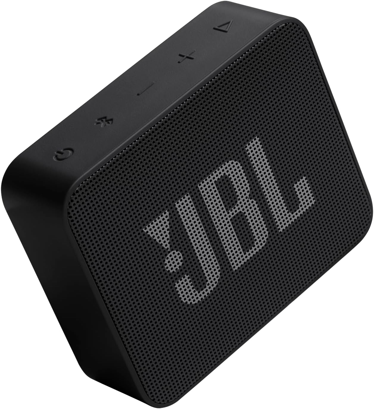Un altavoz portátil JBL negro con una parte frontal de malla y el logotipo JBL en blanco.