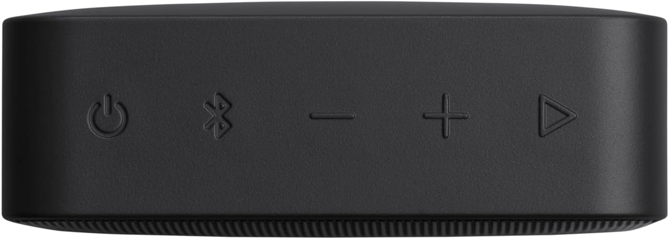 Altavoz negro con botones de encendido, Bluetooth, volumen y reproducción/pausa.