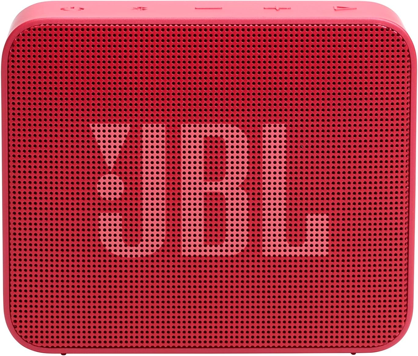 Un altavoz JBL rojo cuadrado con una cuadrícula de agujeros en la parte delantera, logo JBL visible.