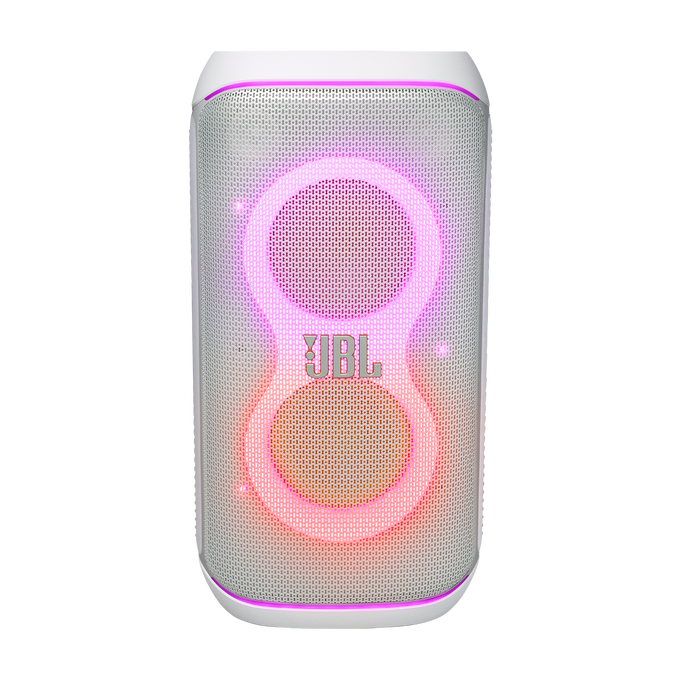 Altavoz JBL blanco con luces rosas y naranjas. El logotipo de JBL es visible.
