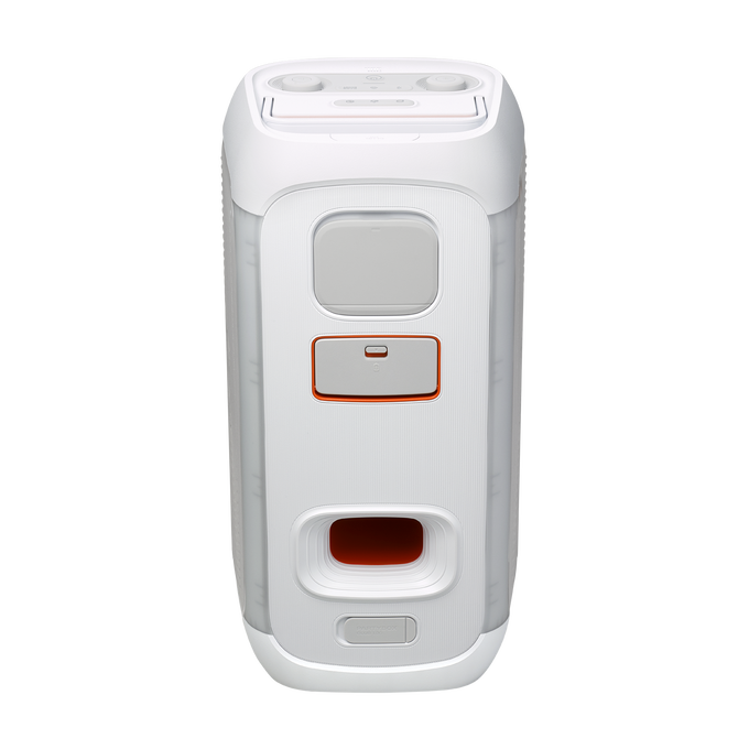Altavoz portátil blanco y gris con detalles en naranja y gris, y panel de control.