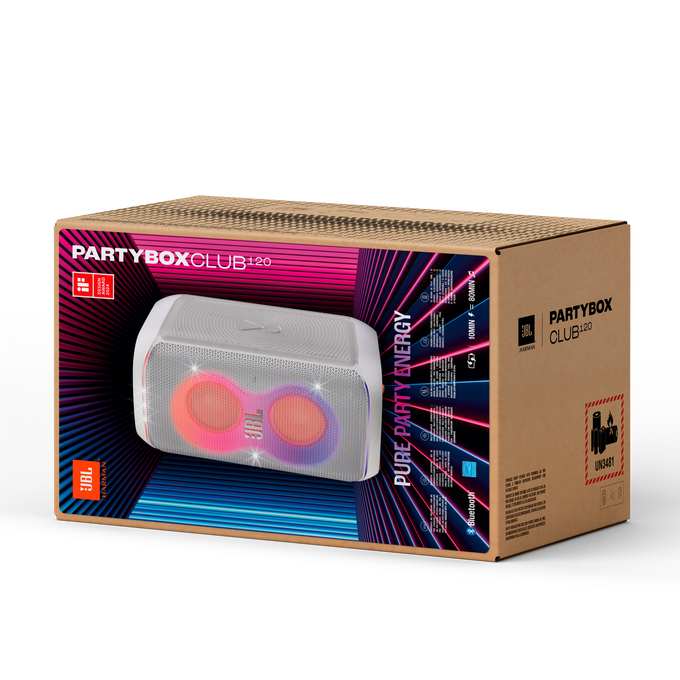 Altavoz JBL PartyBox en caja, con luces coloridas y texto.
