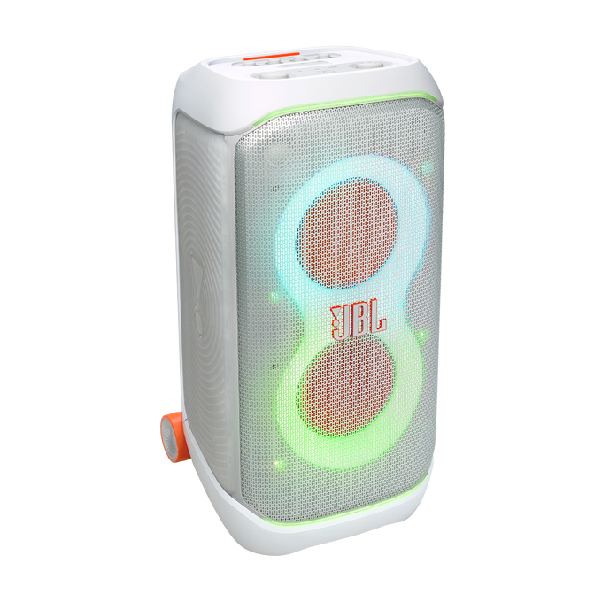 Altavoz blanco y gris con detalles en naranja. Tiene el logo de JBL y luces brillantes.