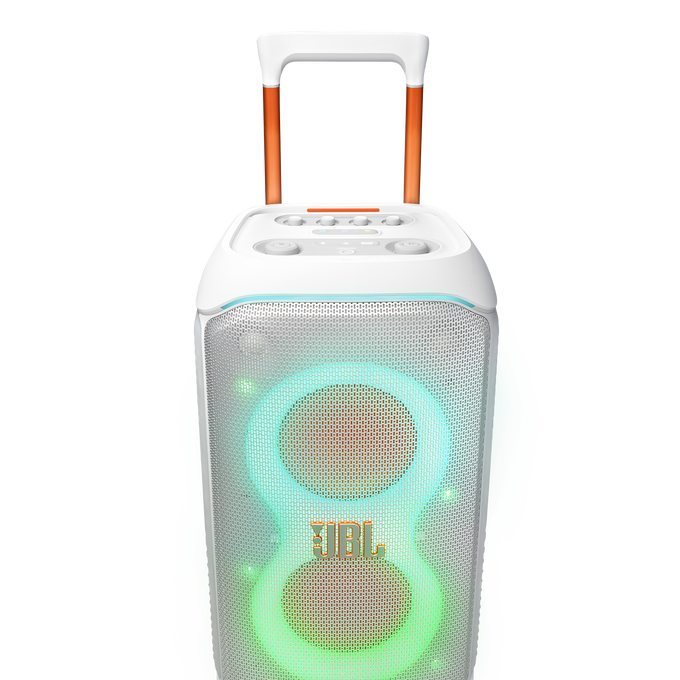 Un altavoz blanco y naranja con un asa. Tiene una luz colorida.