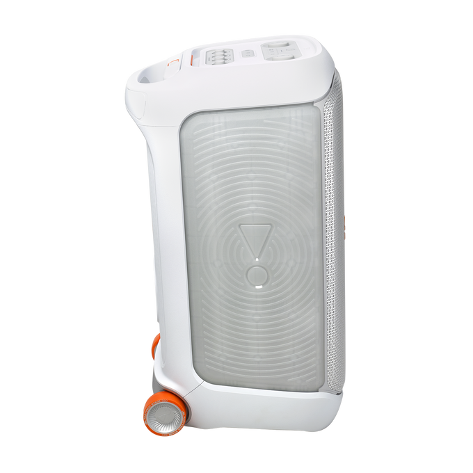 Un altavoz de fiesta JBL blanco y naranja, con rejilla y panel de control.