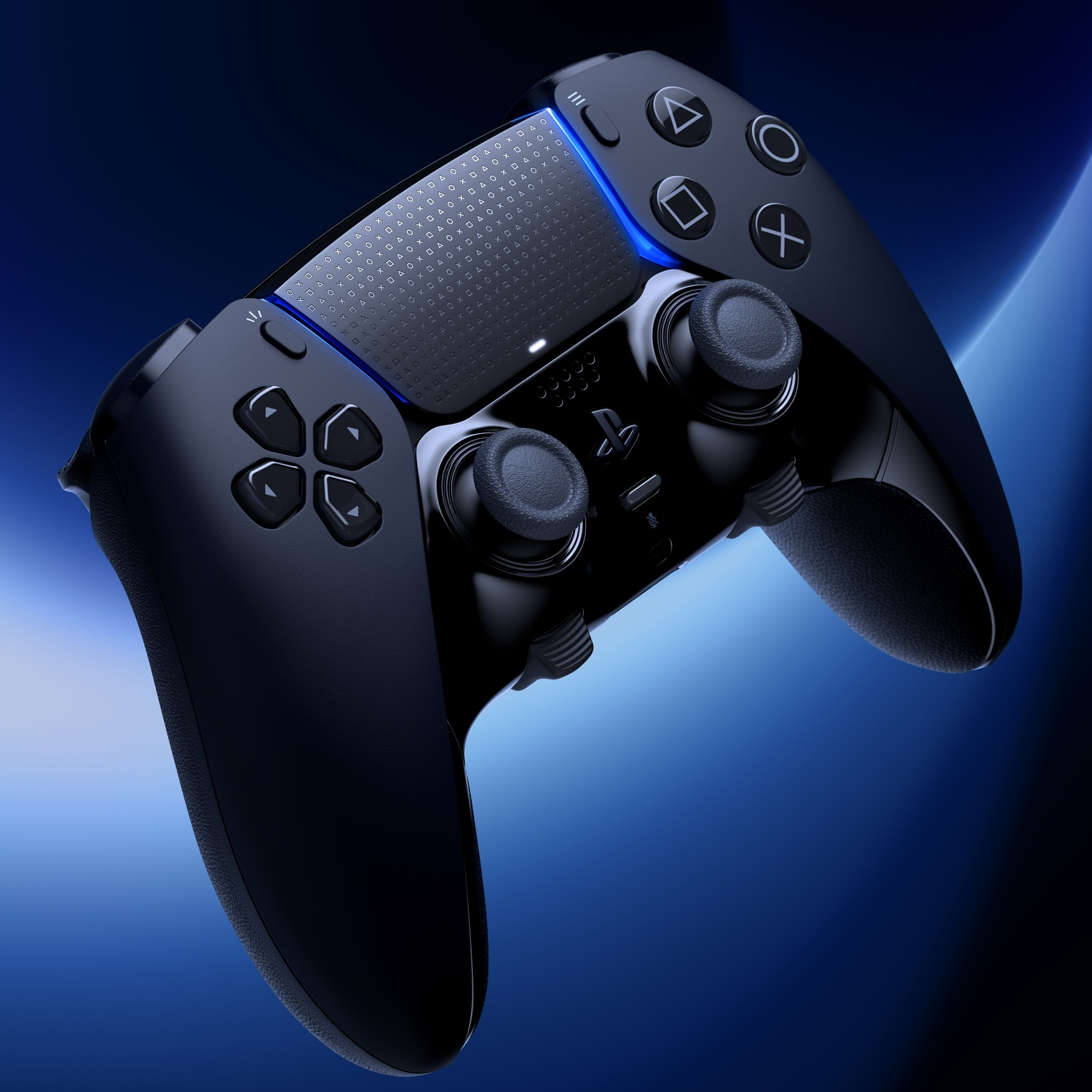 Controller di gioco nero, con pulsanti, joystick e luce blu.