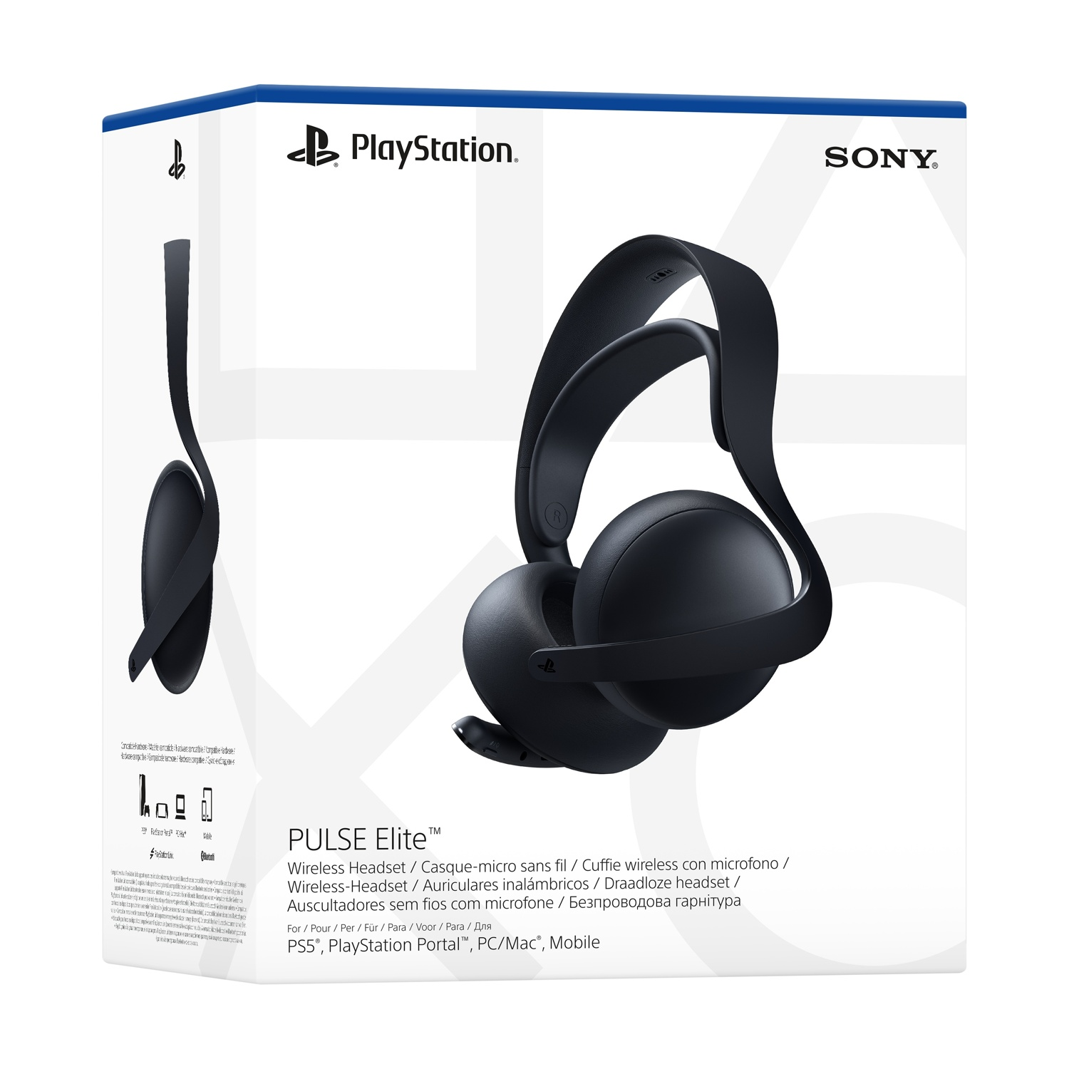 Scatola nera delle cuffie PlayStation PULSE Elite, con un'immagine delle cuffie.