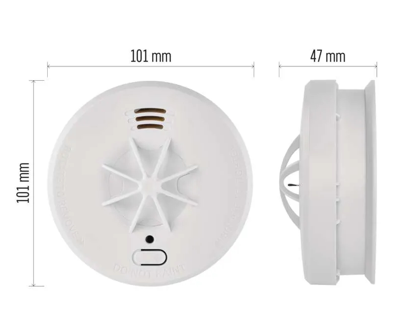 Biały czujnik dymu z wymiarami i przyciskiem.
