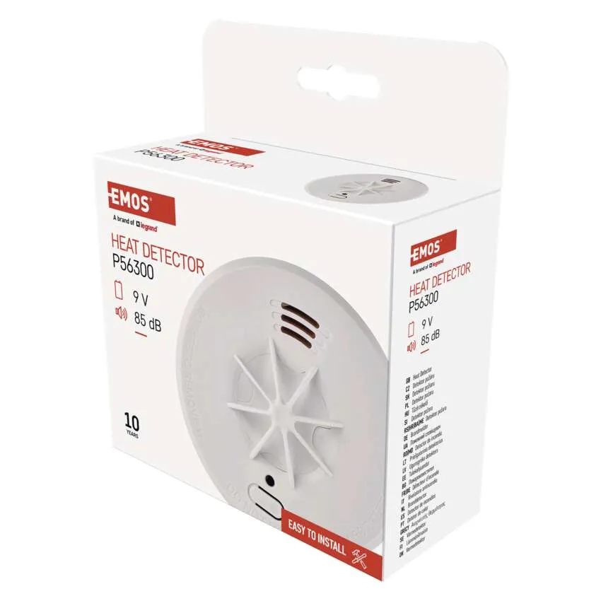 Białe pudełko z napisem 'Heat Detector P56300' z logo marki EMOS.