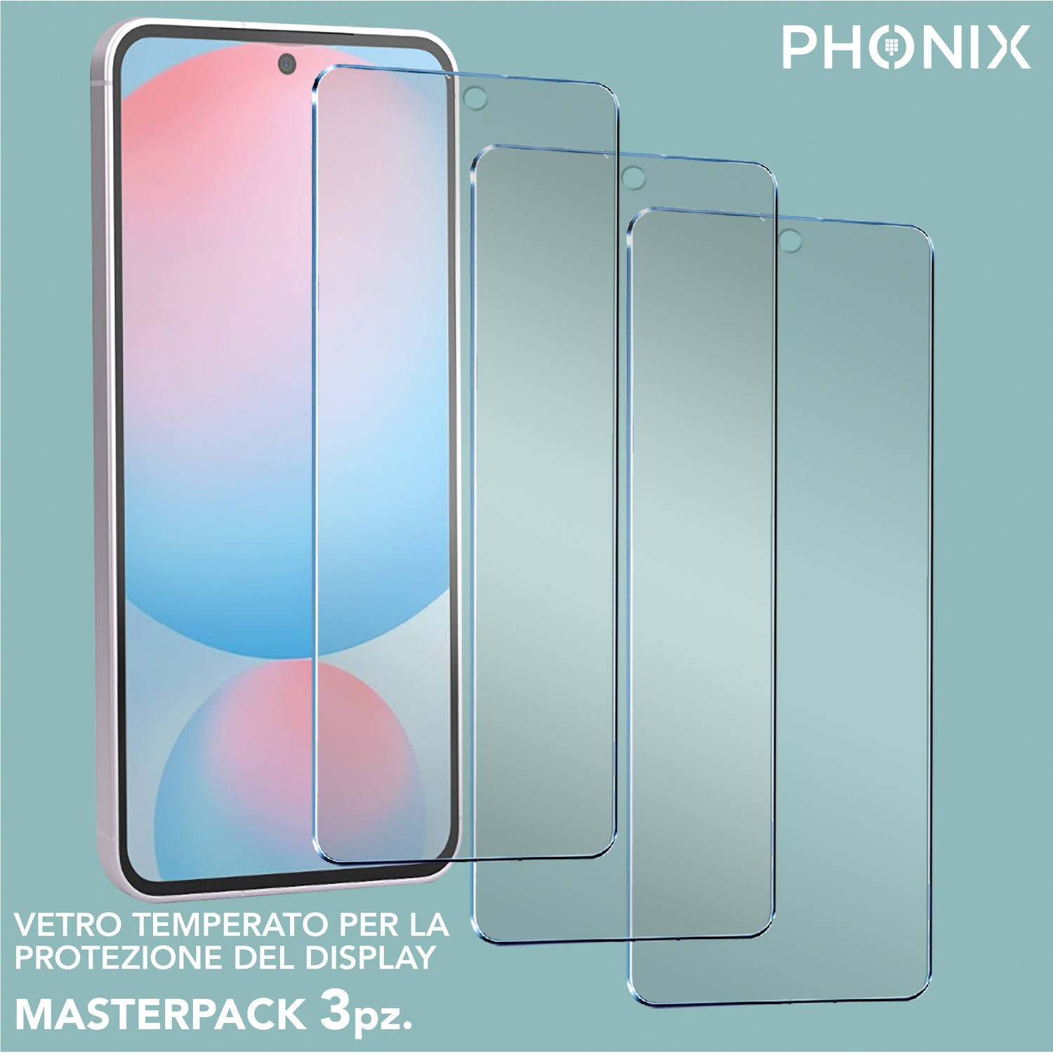 Protezioni schermo smartphone su sfondo blu. Tre protezioni trasparenti impilate.