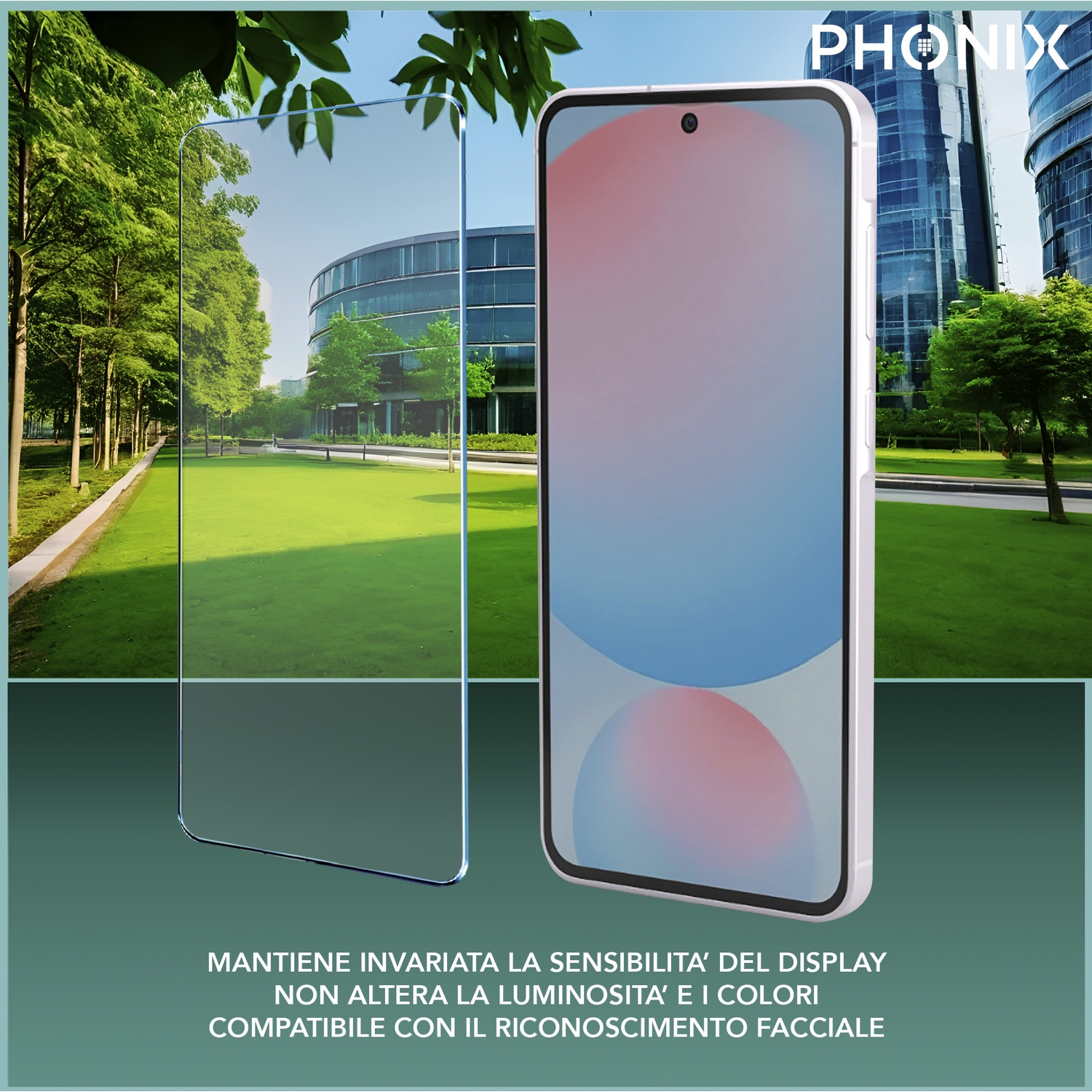 Un telefono con protezione schermo e uno sfondo verde e soleggiato con alberi.