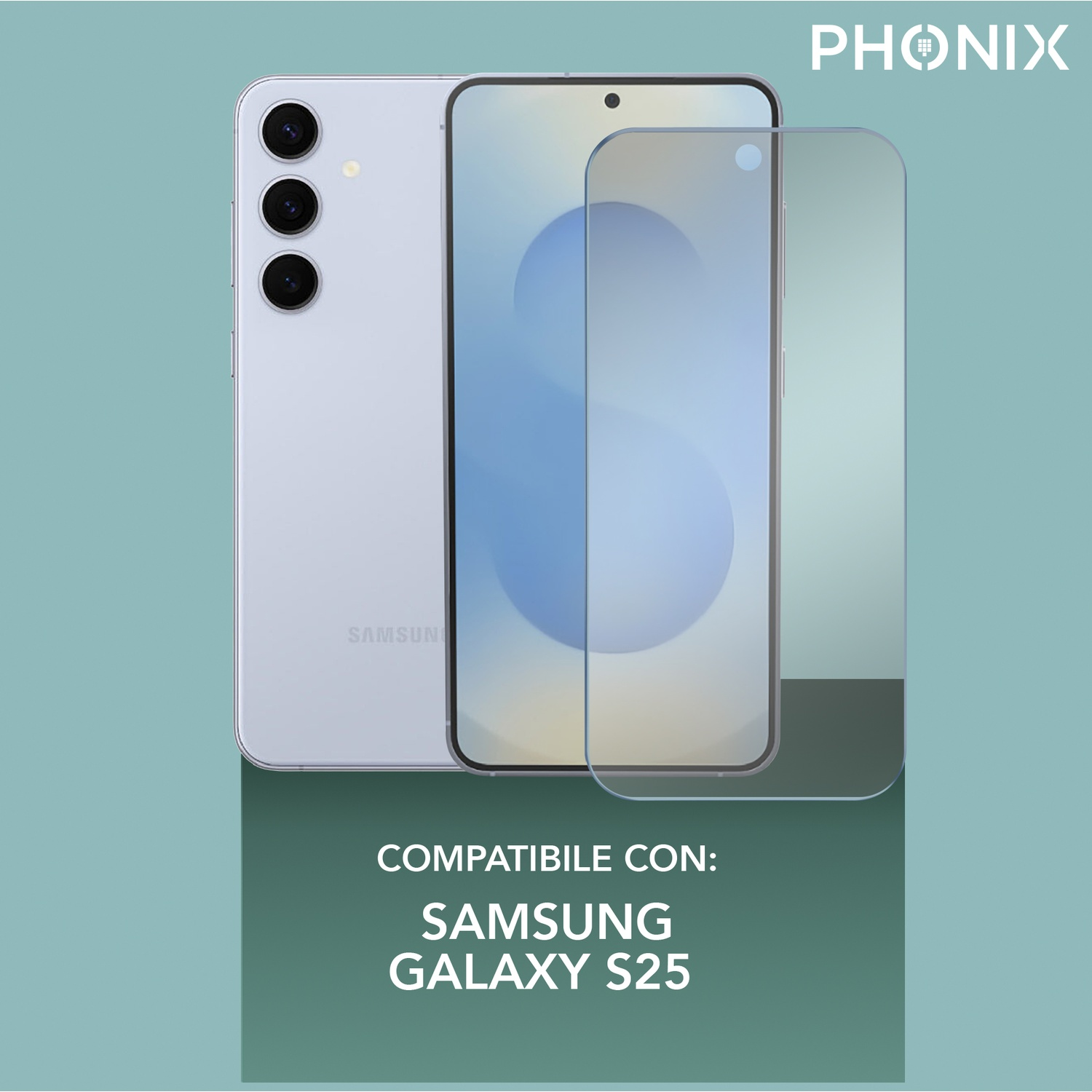 Telefono bianco, protezione schermo e custodia. Tutto su sfondo verde.