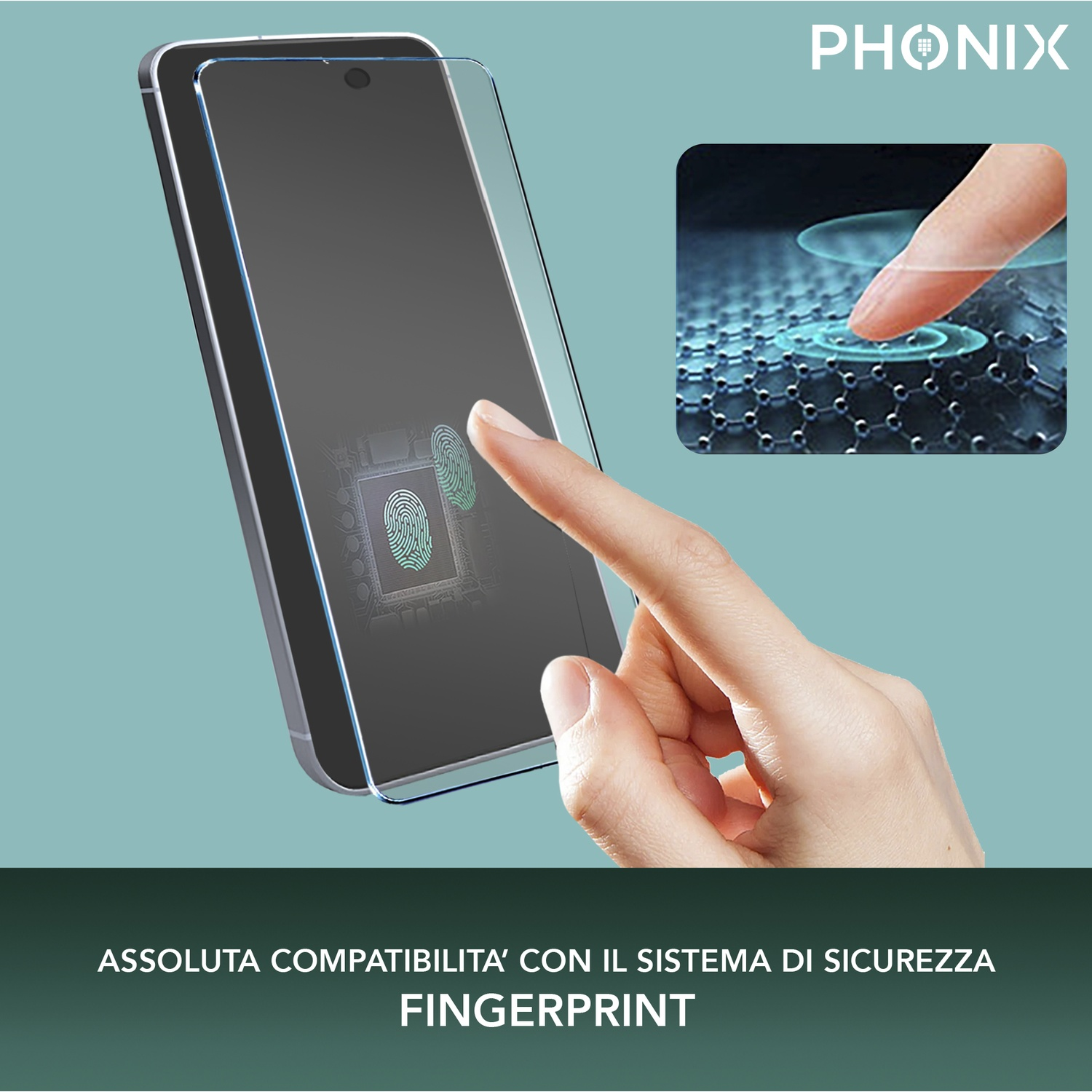 Mano che tiene un telefono con protezione schermo, un'immagine di impronta digitale sul display.