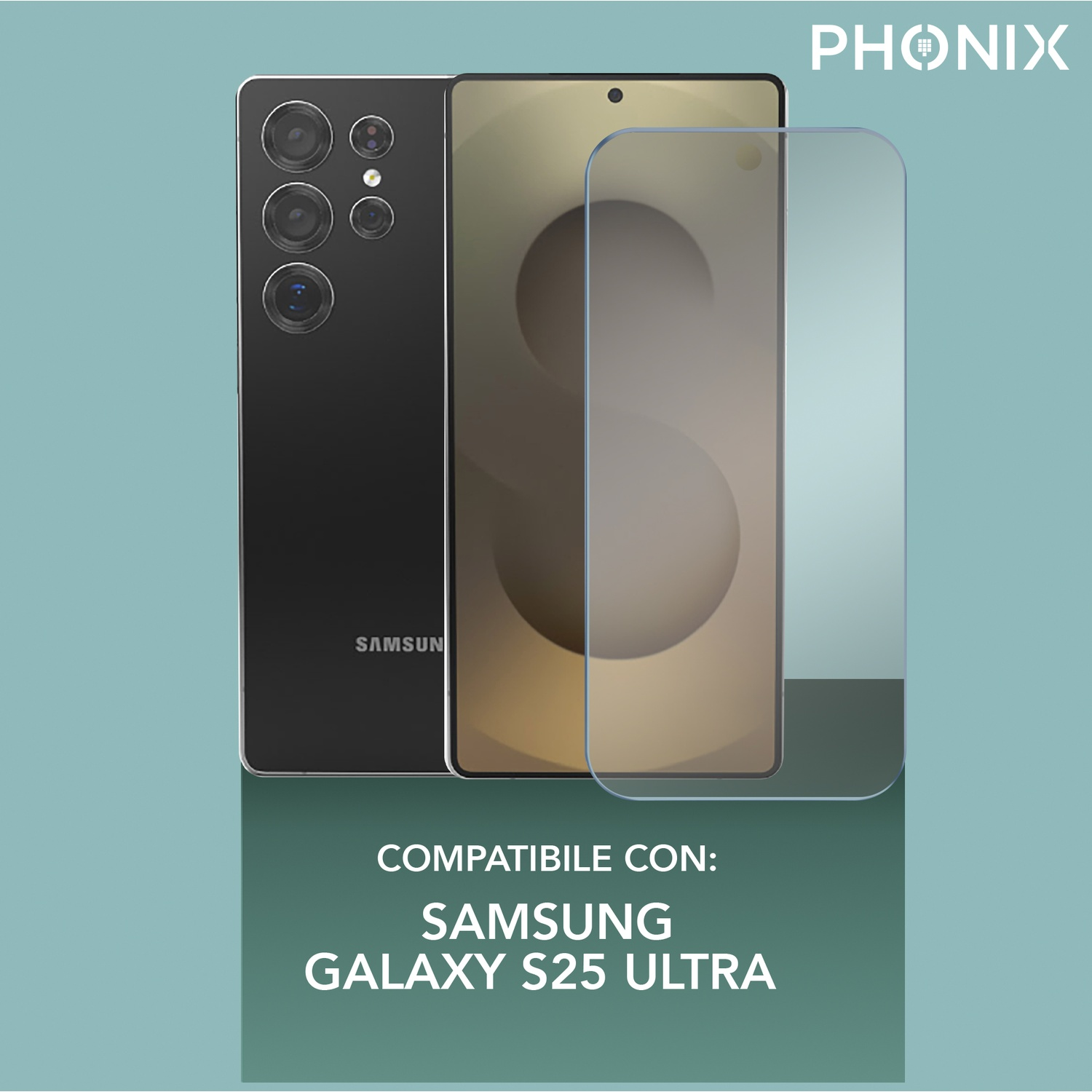 Telefono Samsung nero con protezione schermo e pellicola protettiva, su sfondo blu.
