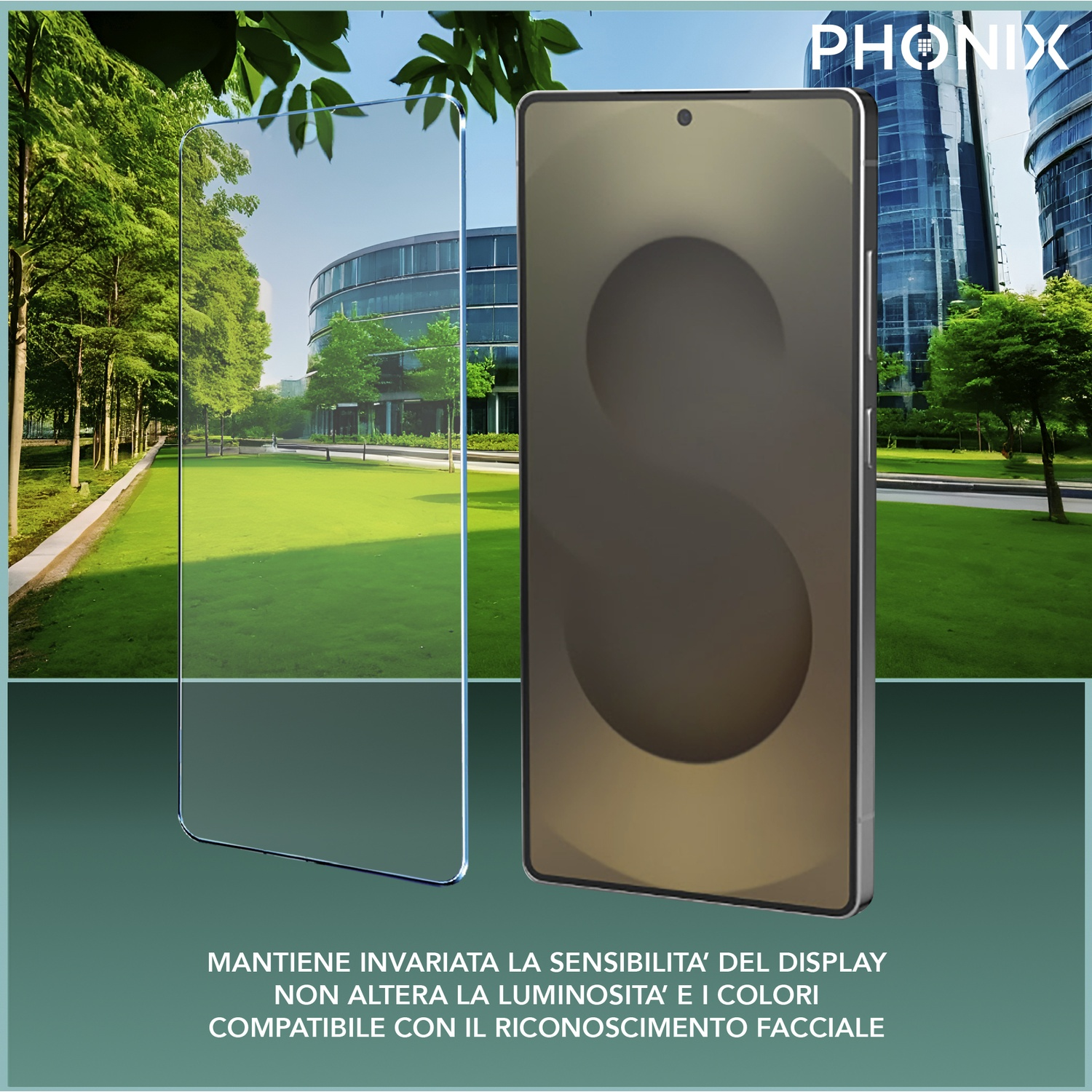 Telefono con protezione schermo, alberi verdi ed edifici sullo sfondo.