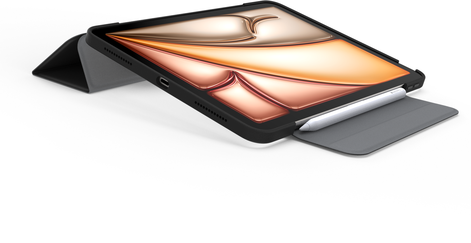 Tablet tollal és tokkal fekete háttéren.