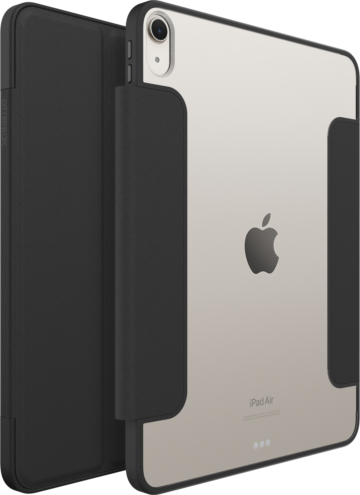 Közelkép egy iPad Air-ről fekete Otterbox tokban. Az Apple logó látható.
