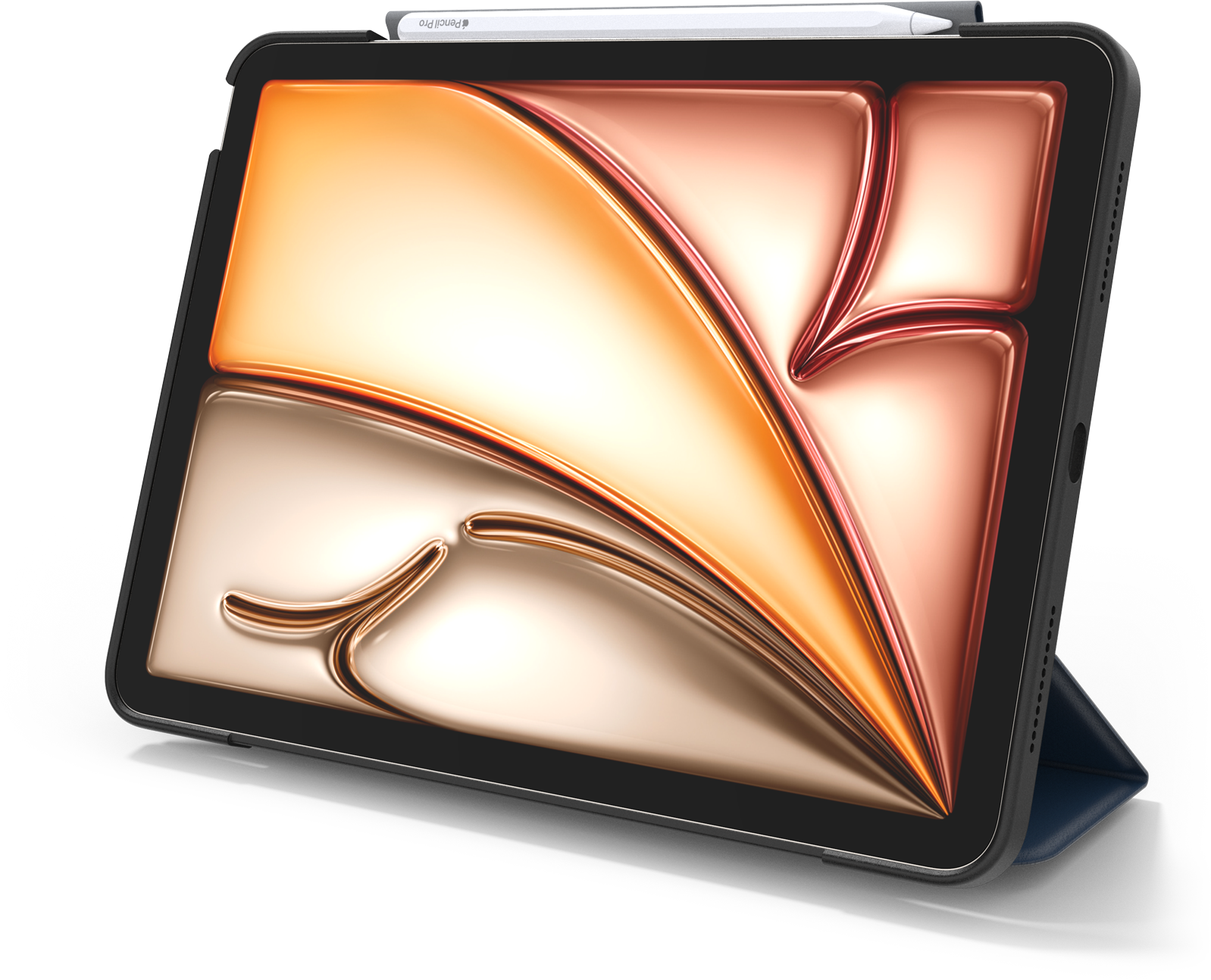 iPad fekete tokban ceruzával. A képernyő egy absztrakt mintát mutat.