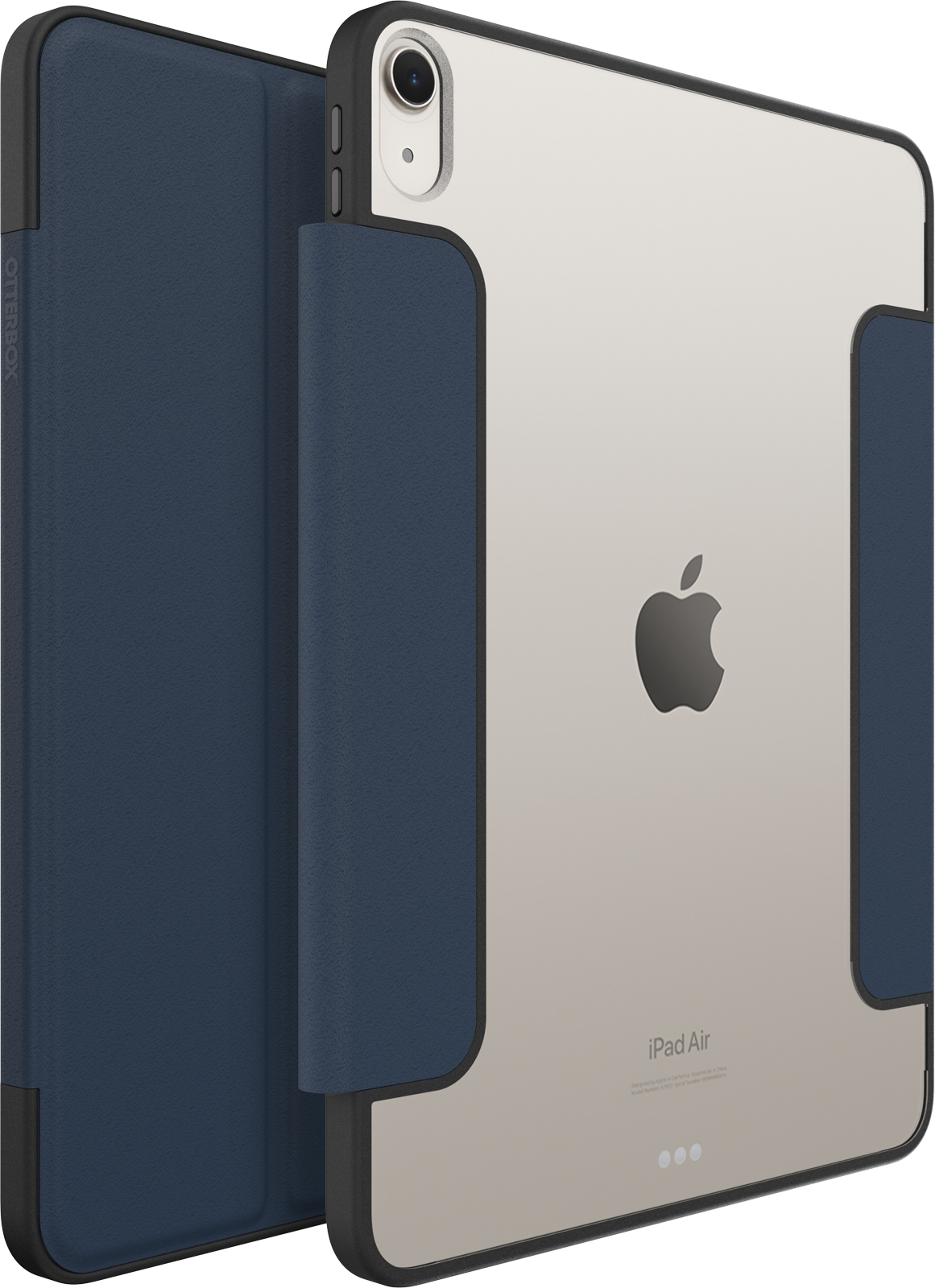 iPad Air egy tokban, sötétkék borítással. Hátoldalán Apple logó található.