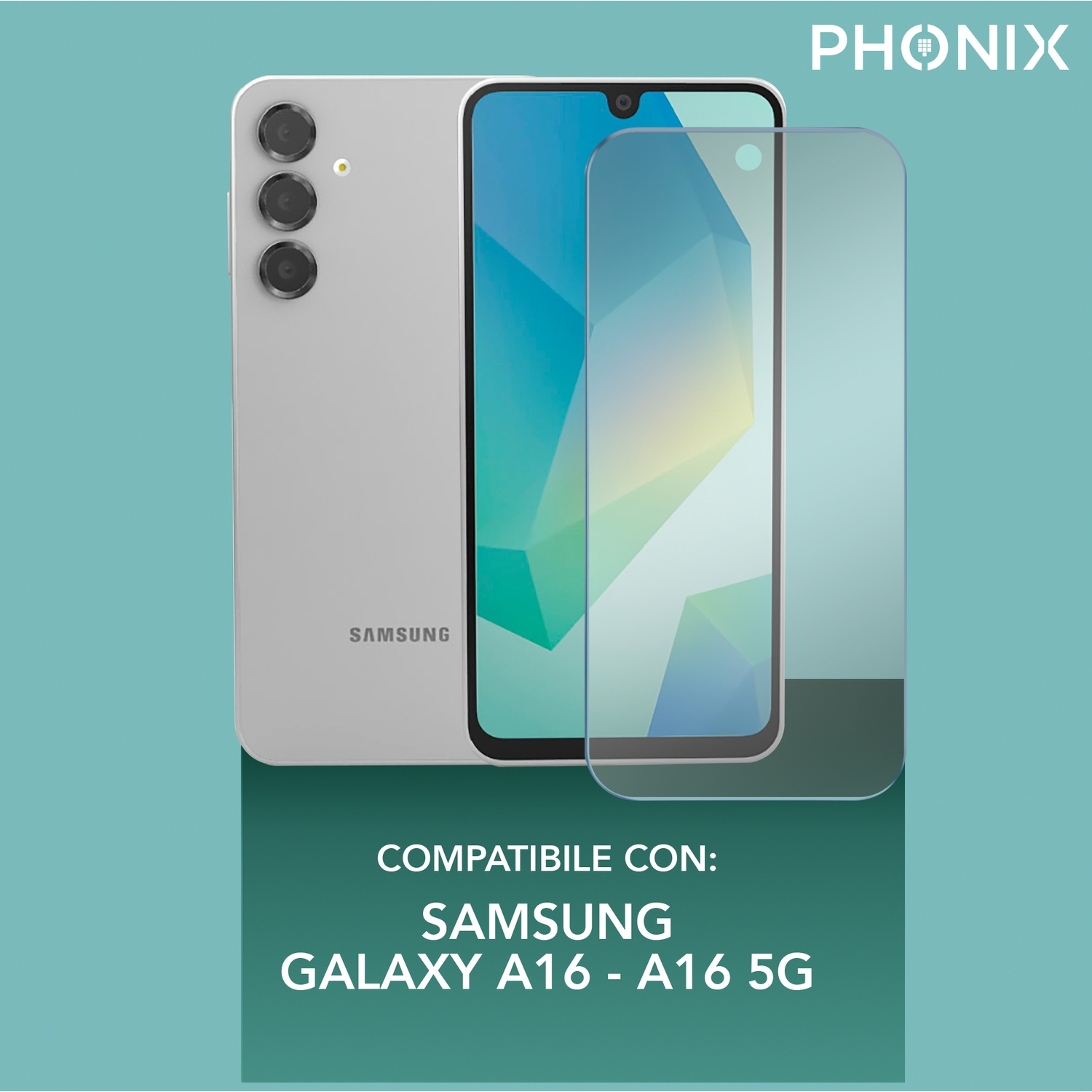 Smartphone con protezione schermo e protezione extra su sfondo verde.