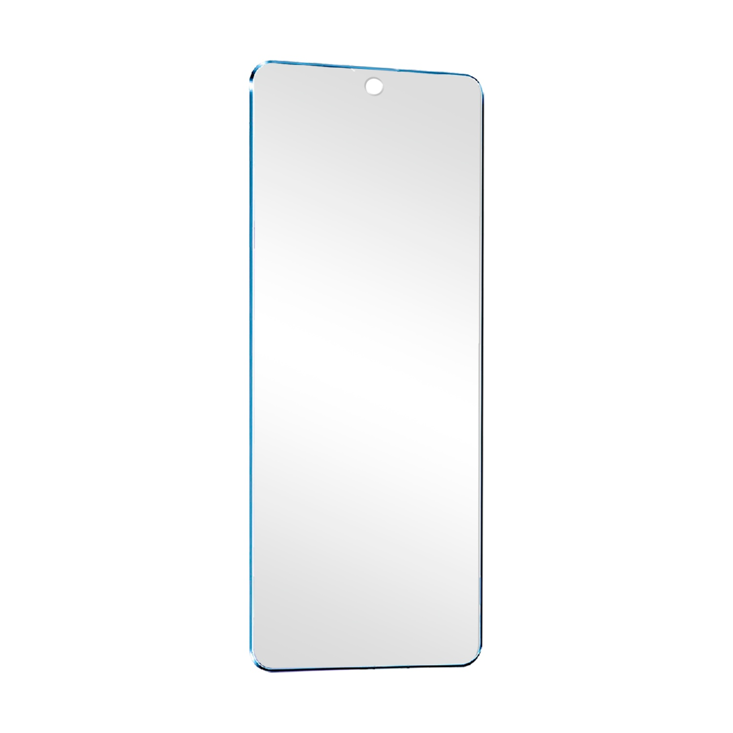 Una protezione schermo trasparente per smartphone. Ha un foro per la fotocamera in alto.