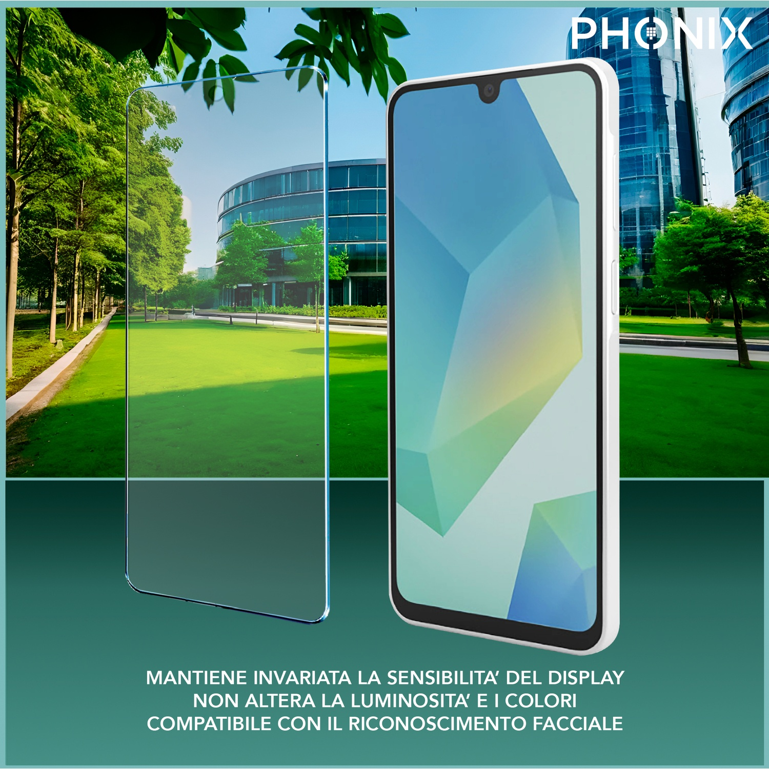 Smartphone e protezione schermo, che mostra il display e una pellicola trasparente.