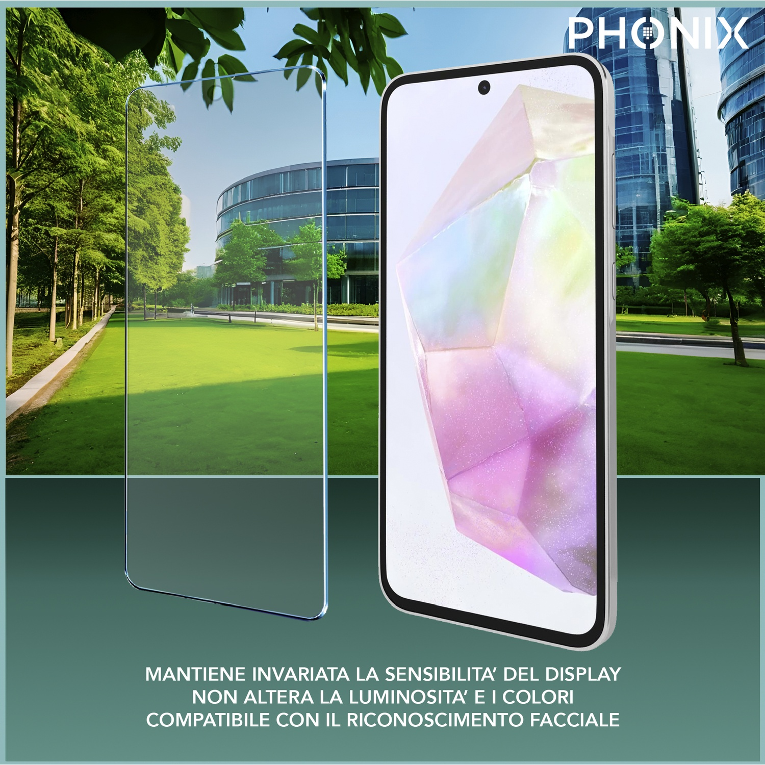 Telefono con protezione schermo, edificio e alberi verdi sullo sfondo.