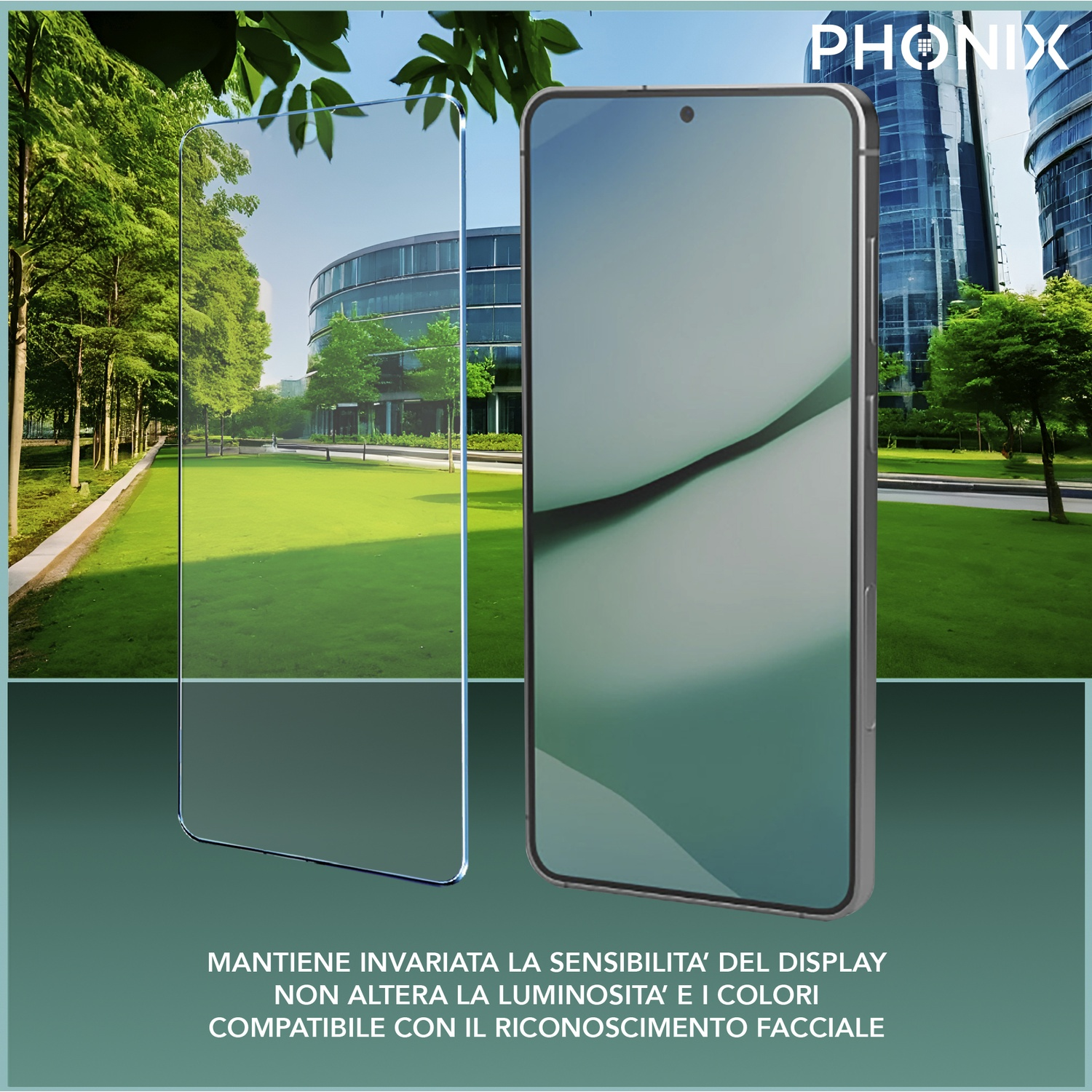 Uno smartphone con protezione schermo, alberi e un edificio sullo sfondo.