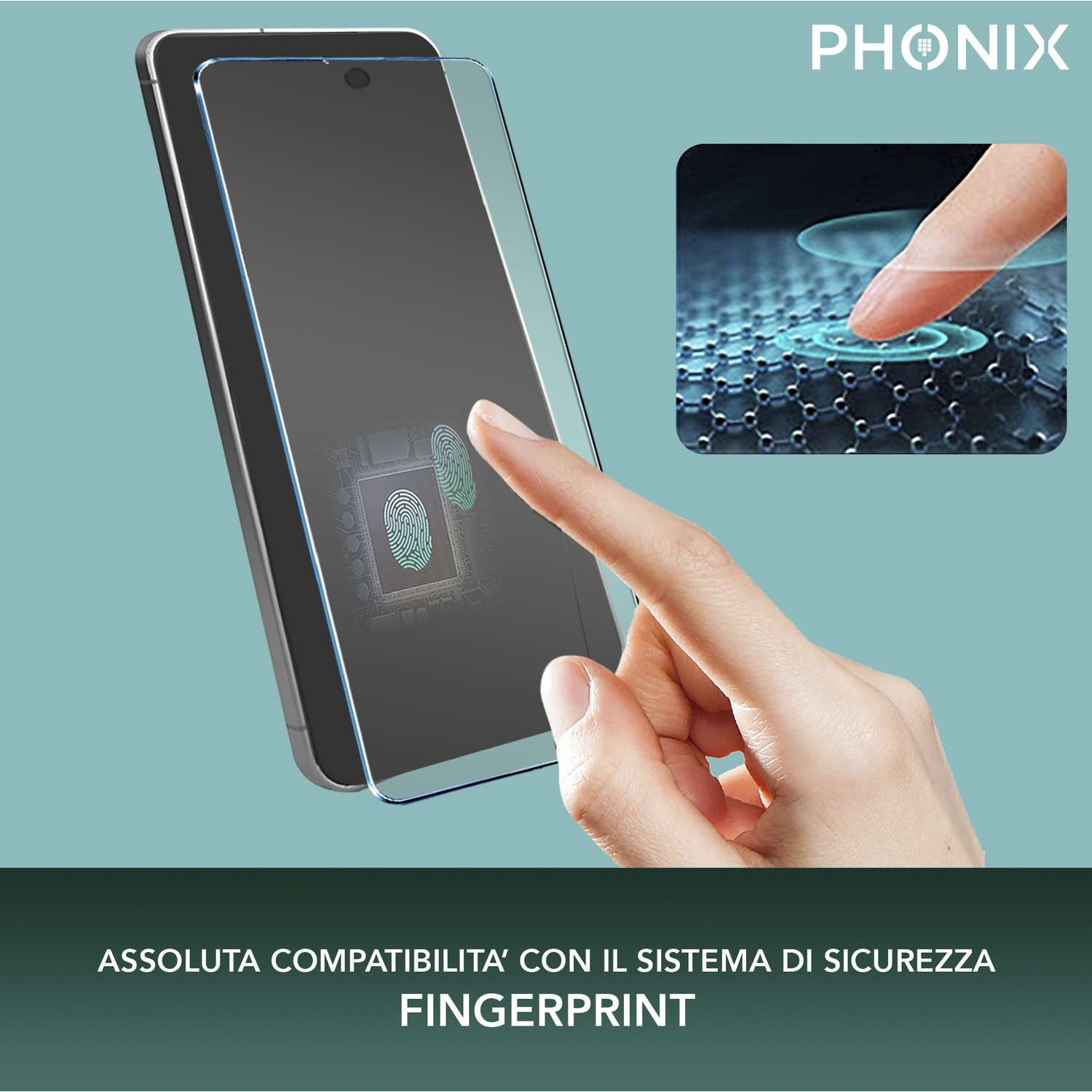 Smartphone con protezione schermo, icona impronta digitale sullo schermo.