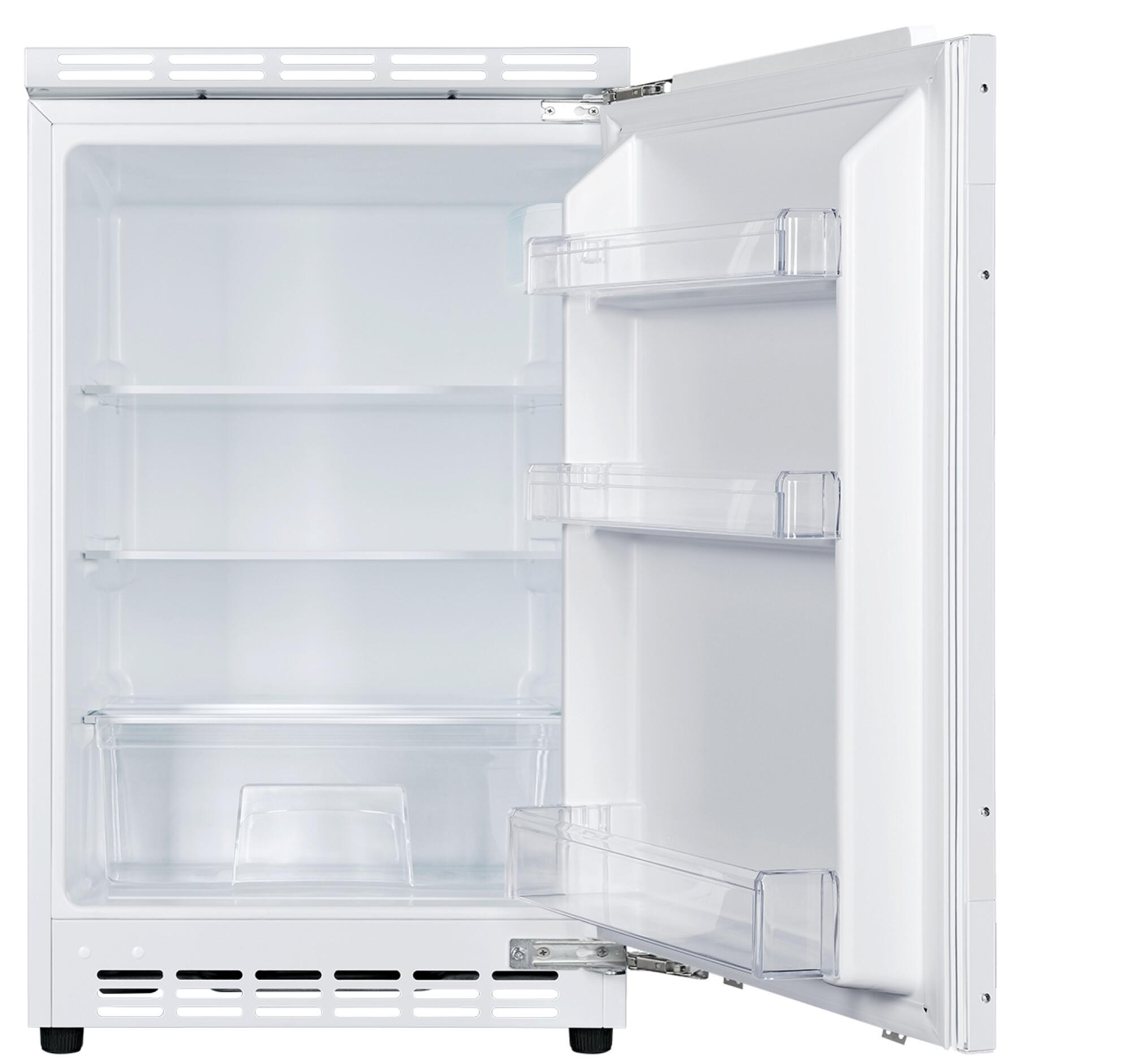 Weißer Kühlschrank mit offener Tür. Innen Regale und Schubladen. Die Tür ist rechts offen.