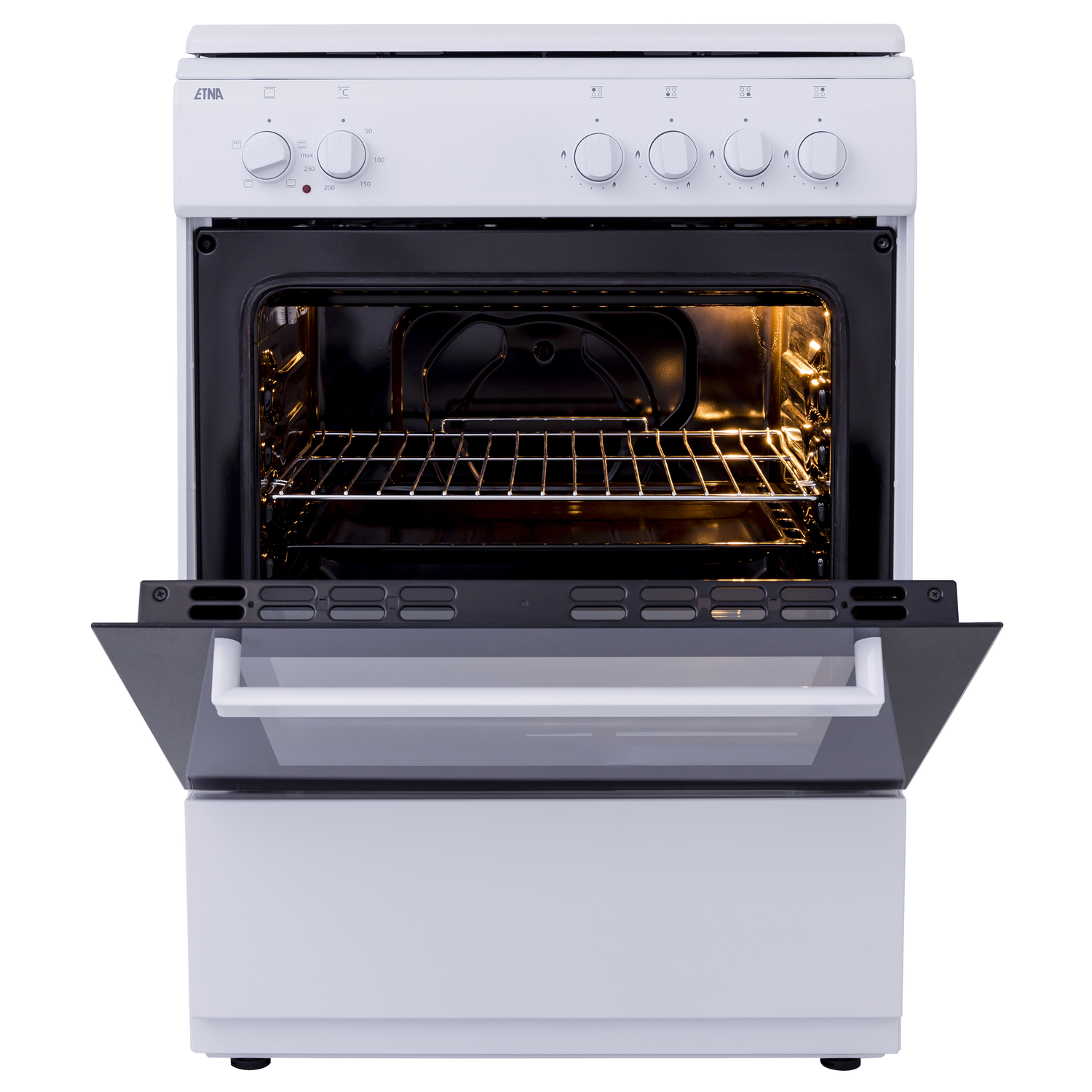 Witte oven met de deur open, de binnenkant tonend met een brandende lamp en een rek.